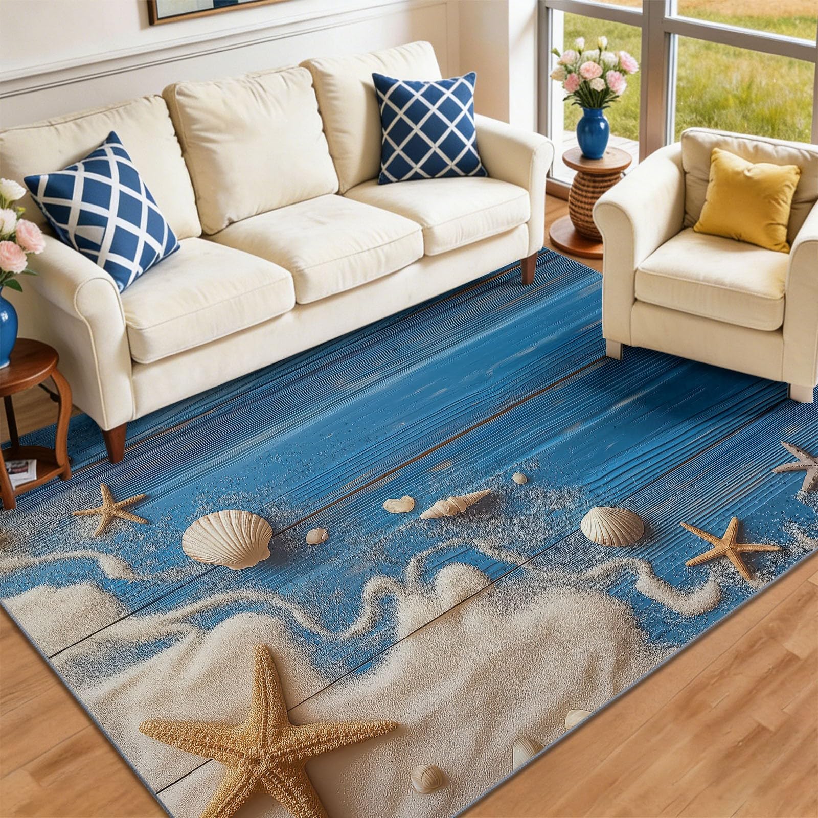 Tapis Réaliste 60x110cm à Motif, Beige Bleu Antidérapant et Lavable en Machine Poils Courts, Plage, Coquillages, Sable, Étoile De Mer pour Salon Chambre ou Bureau