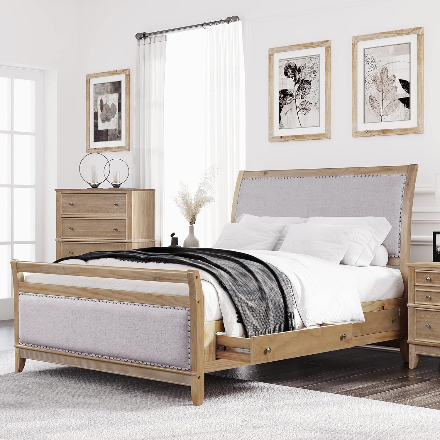 SOFTSEA Wood Bed Platform with Headboard and Footboard, King Platform Bed Frame with Four Drawers for Adults, Farmhouse Style (King)