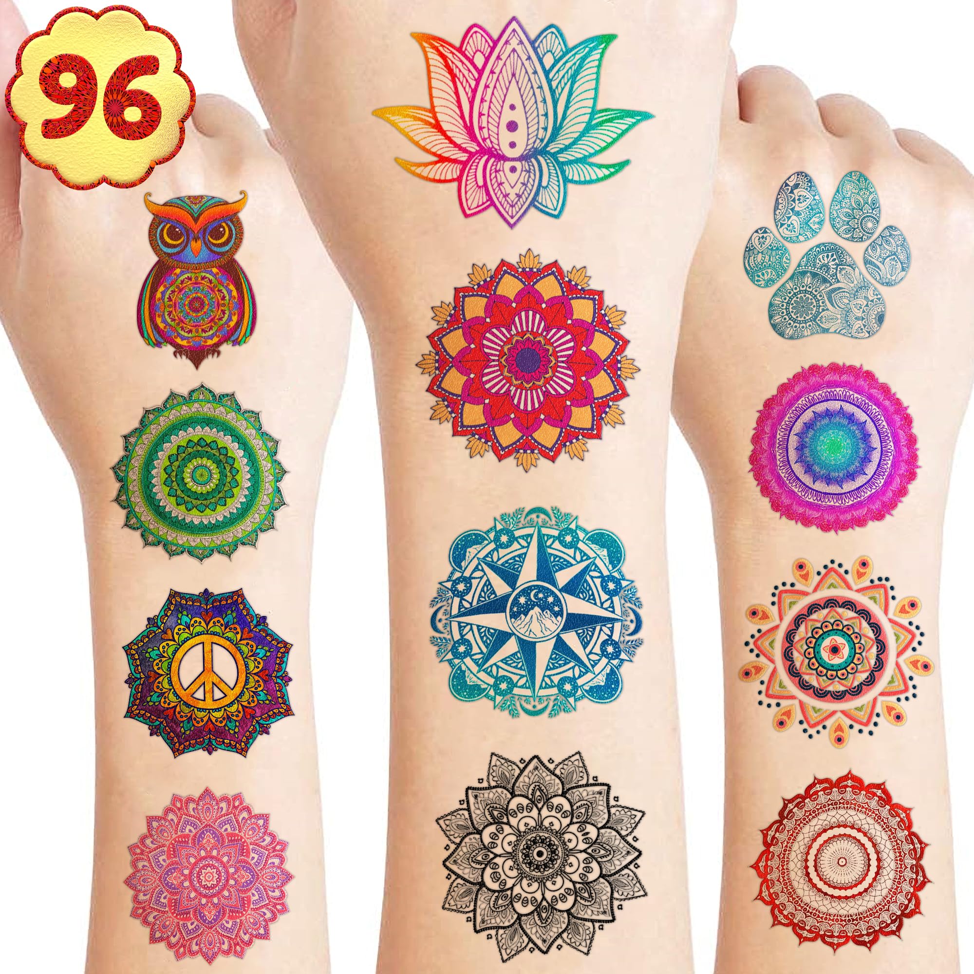 96PCS Pre-Cut Mandala Temporary Tattoos - Indian Decorations Themed Stickers for Boys and Girls Birthday Party Supplies, Decorations, Favors, and Prizes - Cute Gifts