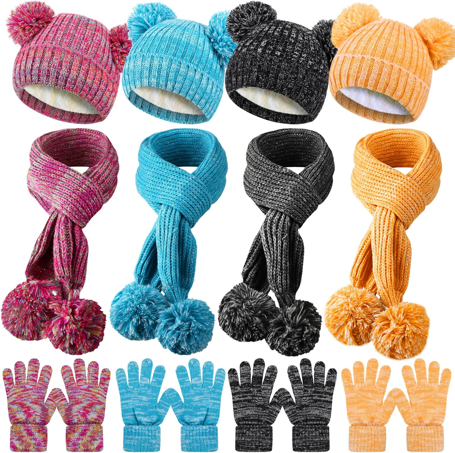 Newcotte 12 Pcs Kids Knitted Winter Hat Gloves Scarf Set Thick Warm Fleece Lined Pompom Beanie Scarf Gloves for Girls Boys