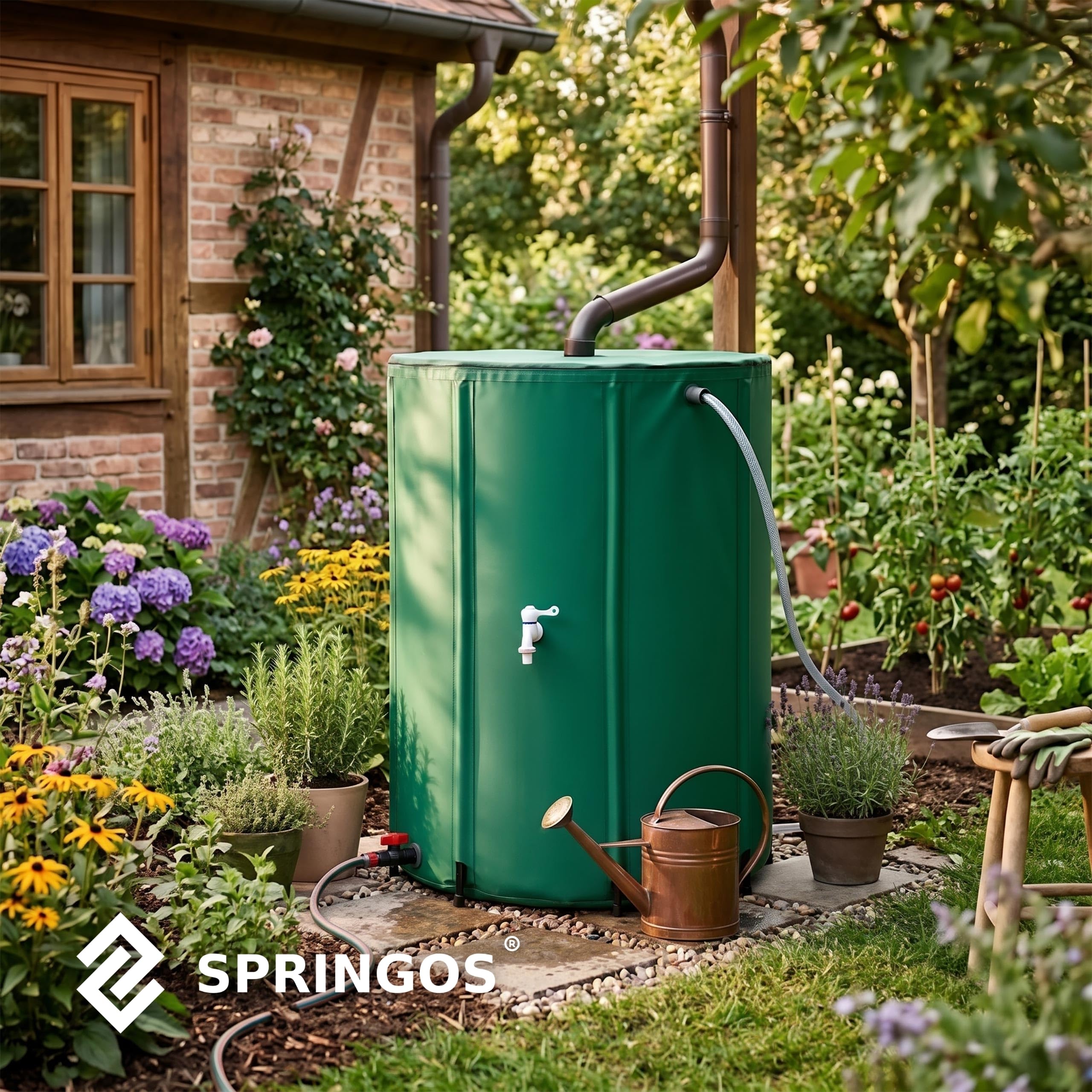 Springos Depósito de agua de lluvia de 500 l para jardín, almacenamiento de agua de PVC 1000D, plegable, con 8 puntales de apoyo, doble grifo, protección contra rebosadero, borde reforzado, barril de