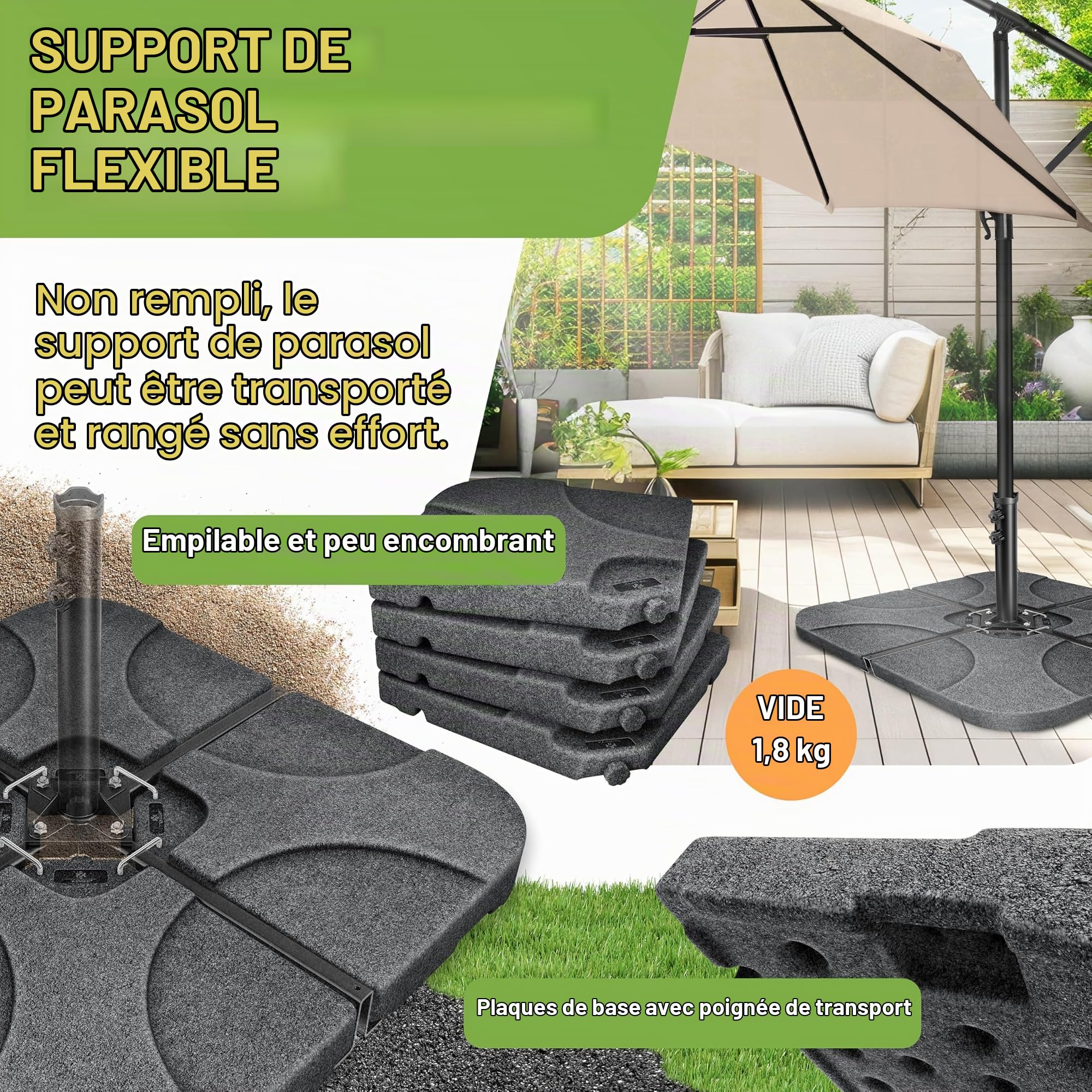 KESSER Lot de 4 pieds de parasol pour parasol déporté - 60 l/80 kg - À remplir avec de l'eau ou du sable - Avec connecteur en métal - Pied de parasol déporté en plastique