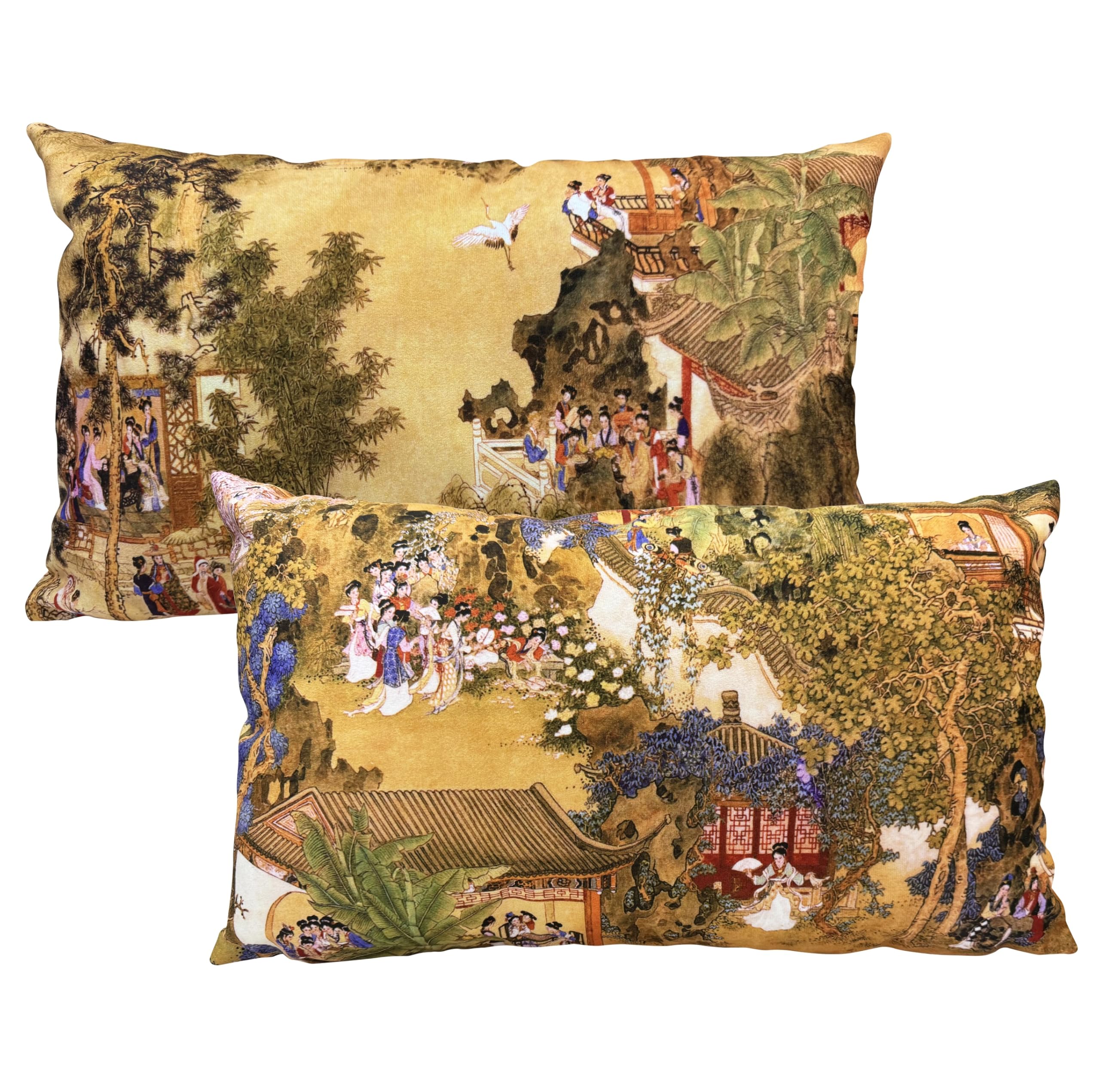 Pack of 2 Chinese Palace Scene Plush Lumbar Pillow Cover Dream of the Red Chamber, 12x20 Inch Double Sided Asian Culture Oriental Lady Royal Court