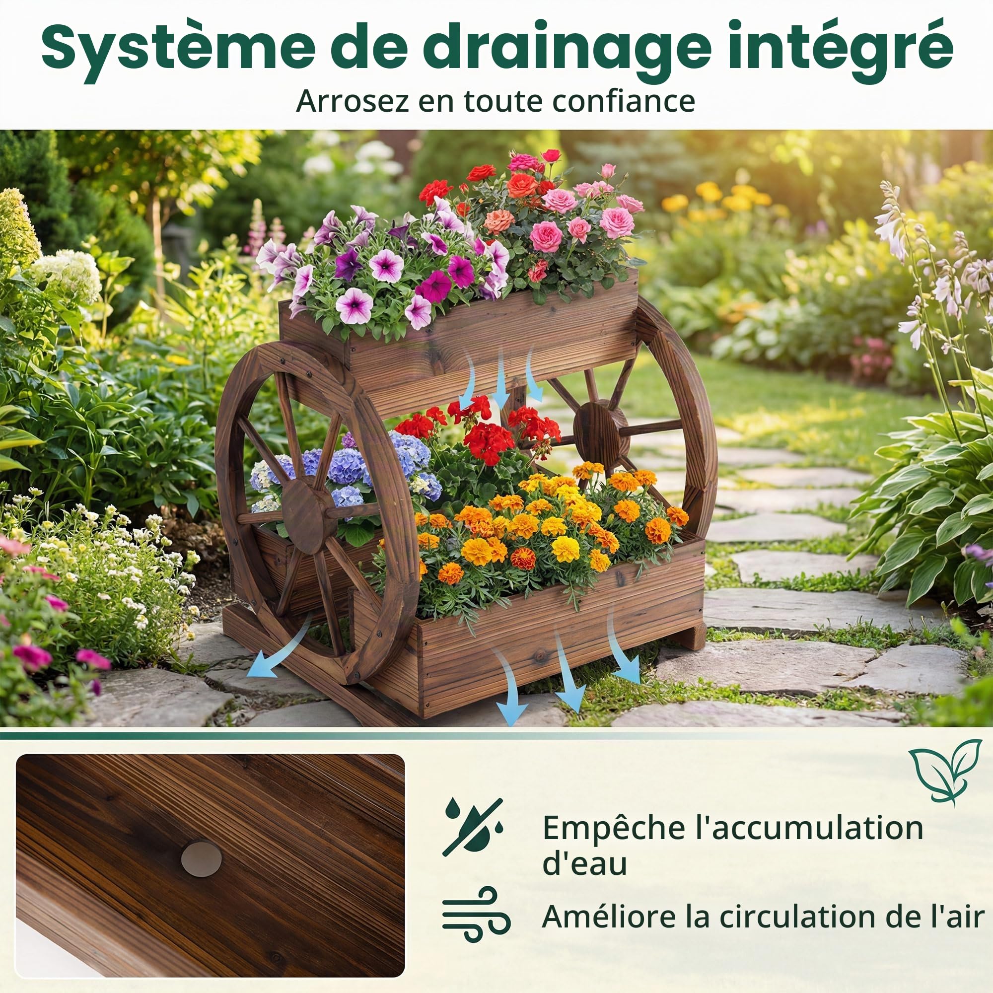 HOMASIS Jardinière Surélevée à 2/3 Niveaux en Bois, Bacs à Fleurs en Forme de Chariot avec roulettes, Trous de Drainage et Gants, pour Jardin, Balcon, Terrasse, Marron (61,5 x 55 x 59 cm)