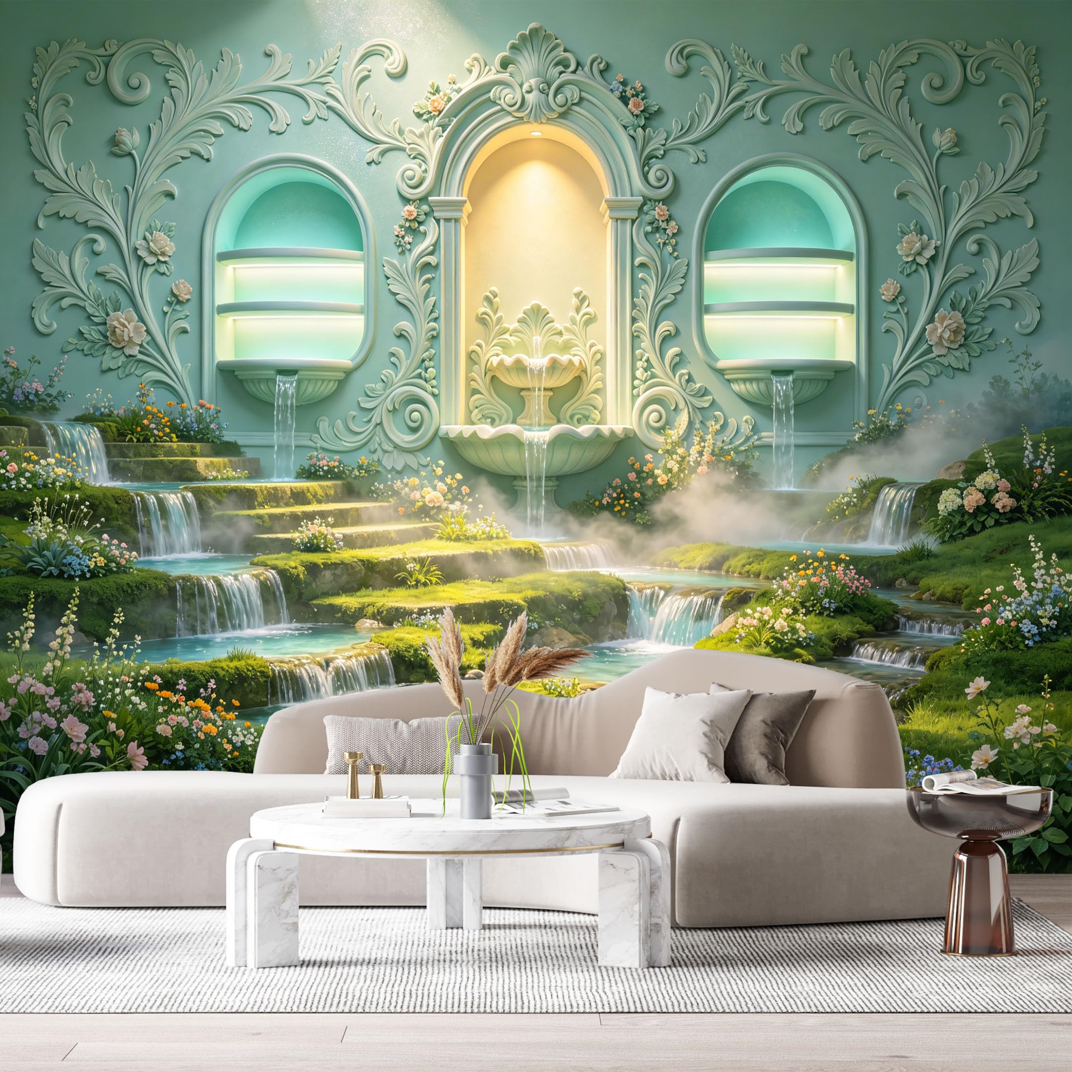 Custom Size Wall Murals Garden Fantasy Fountain Waterfalls 3D Trompe L'Oeil SelfAdhesiveWall Fabric Removable Wallpaper Wall Decor for Living Room Bedroom Bathroom