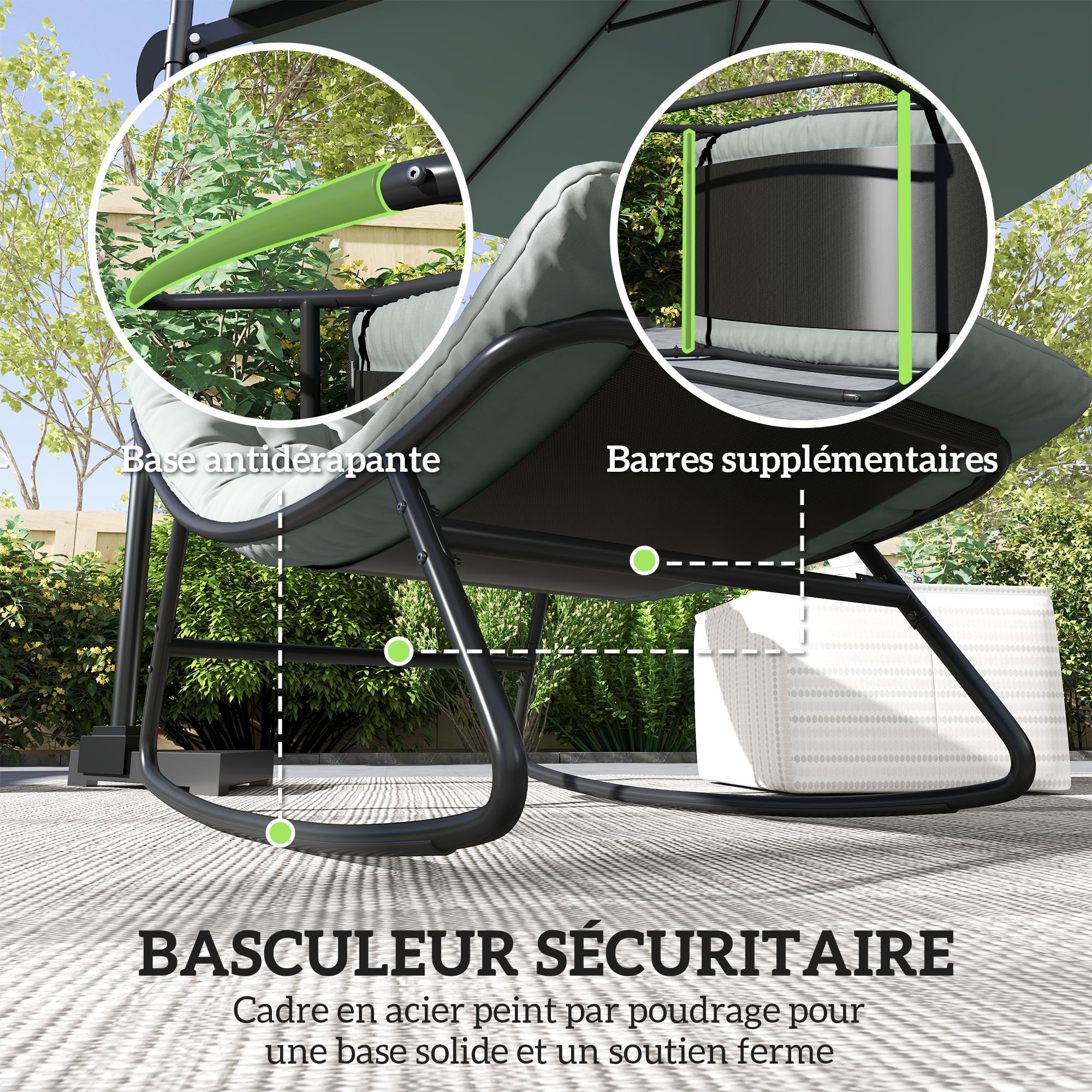 Outsunny Lot de 2 fauteuils à Bascule extérieur, chaises à Bascule avec Coussins épais, siège Tissu textilène Respirant et Cadre en Acier, Rocking Chair extérieur, Jardin, terrasse, Patio, Gris foncé
