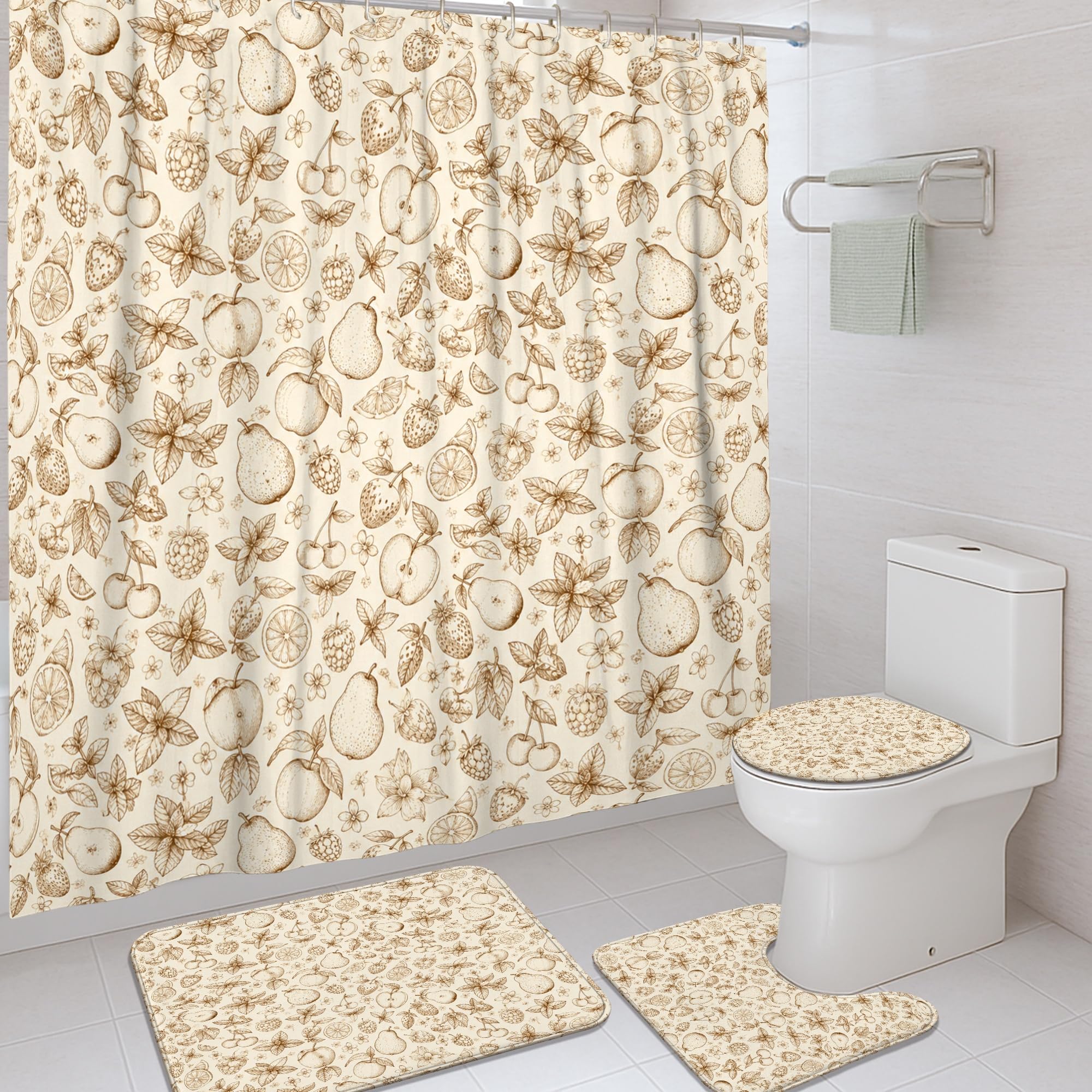 Rideau de douche beige motif poire et cerises pour transformer une salle de bain