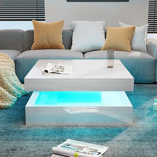 Miniatura 5 de Mesa de centro LED blanca para sala de estar, mesa central cuadrada de 2 niveles, mesa de centro moderna de madera contemporánea de alto brillo con