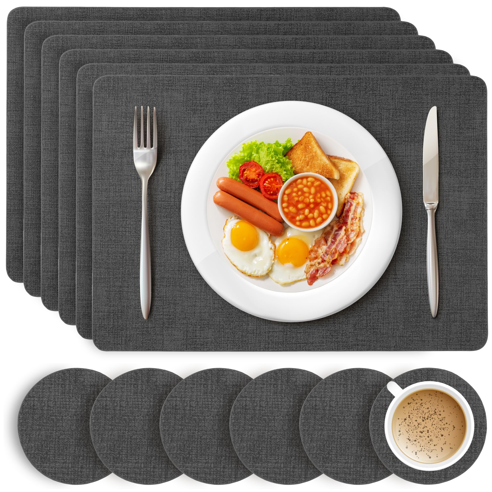 Dark Grey Placemats and Coasters - Set of 6 Large PU Leather Coasters and Place Mats for Table, Heat Resistant up to 100℃, Stain Resistant Wipe Clean Placemats, 43cm x 30cm