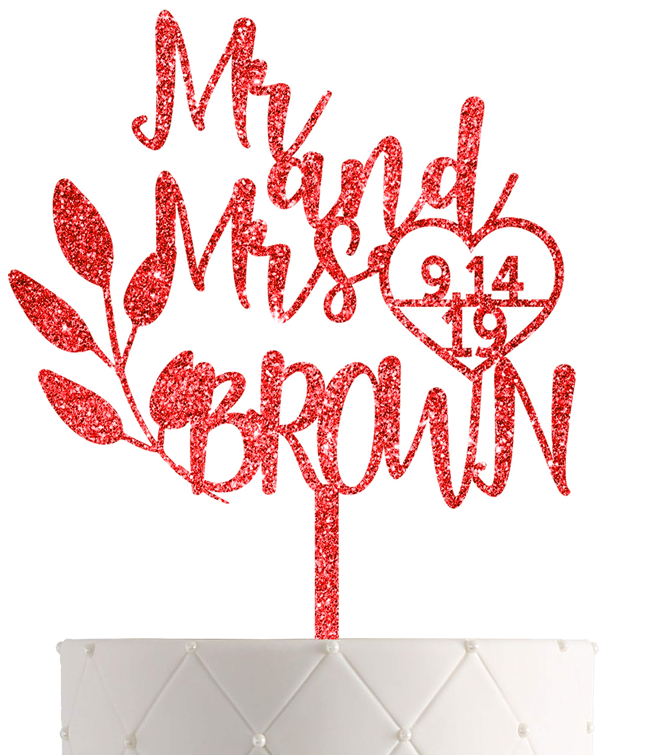 Personalized Wedding Cake Topper With Customized Bride and Groom Last Name or Marriage Date for Mr Mrs (Red Glitter)