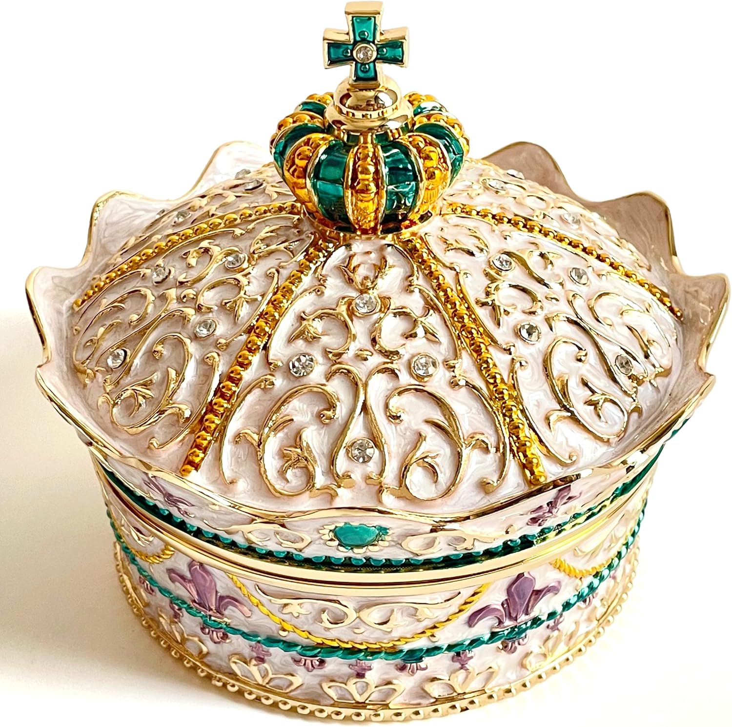 SIWOT Crown Design Jewelry Chest,Creative Vintage Metal Round Storage Box,Alloy Retro Patterned Gem Case (Golden White, Extra Large)