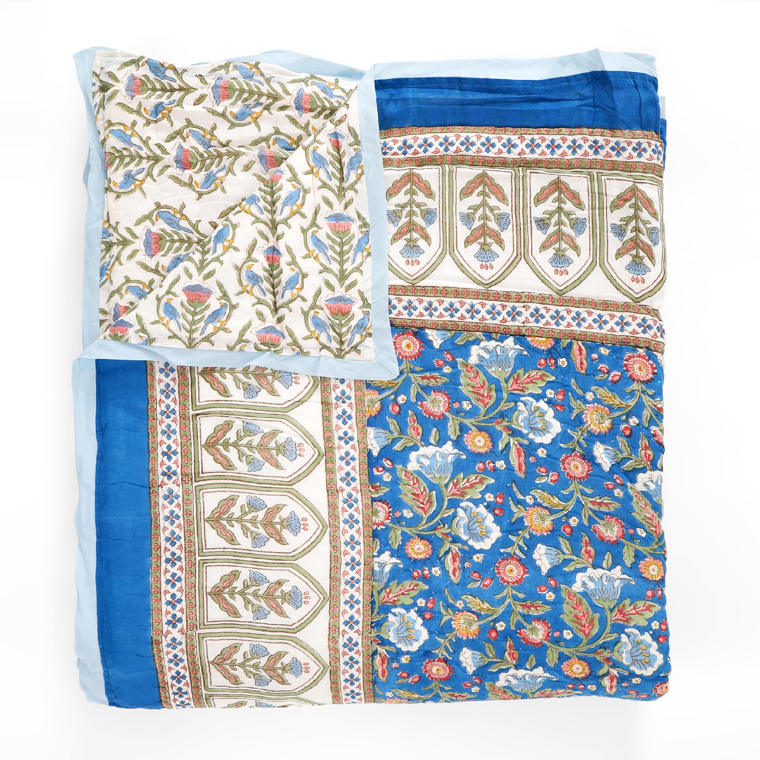 Saffron Marigold Reversible Blue Quilted Throw Blanket, Queen Sized Handmade Hand Block Printed Enchanted - Blue Cotton Voile Jaipuri Razai Bedspread for Bed 90 x 90 Queen in