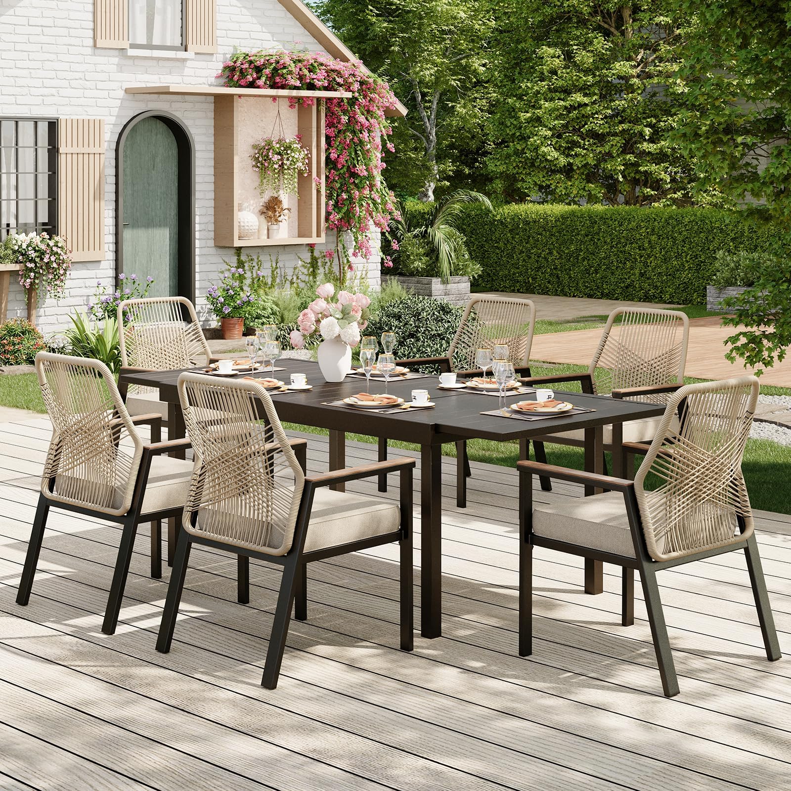 7 Pieces Outdoor Dining Set for 6, Patio Dining Set Wicker Rattan Chairs with Soft Cushion and Extendable Rectangular Table, Wicker Patio Table and Chairs for Backyard Porch