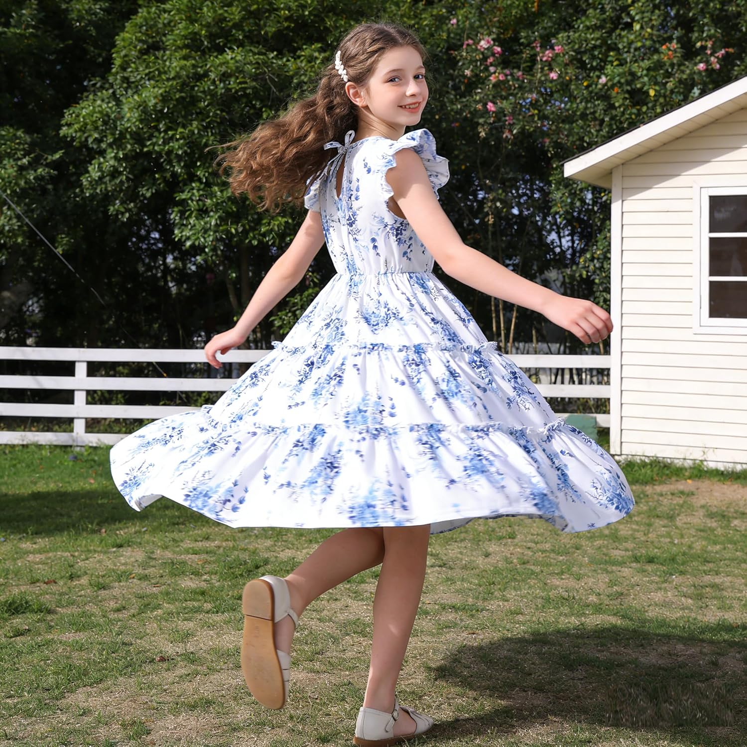 Girls Dress, Summer Clothes Flutter Sleeve, Elastic Waist, A-Line, Casual, for 7-14 Years Kids - Image 7