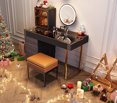 Miniatura 3 de POVISON Escritorio de maquillaje con espejo y luces, tocador con taburete y estación de carga, 5 cajones de mediados de siglo, moderno escritorio de