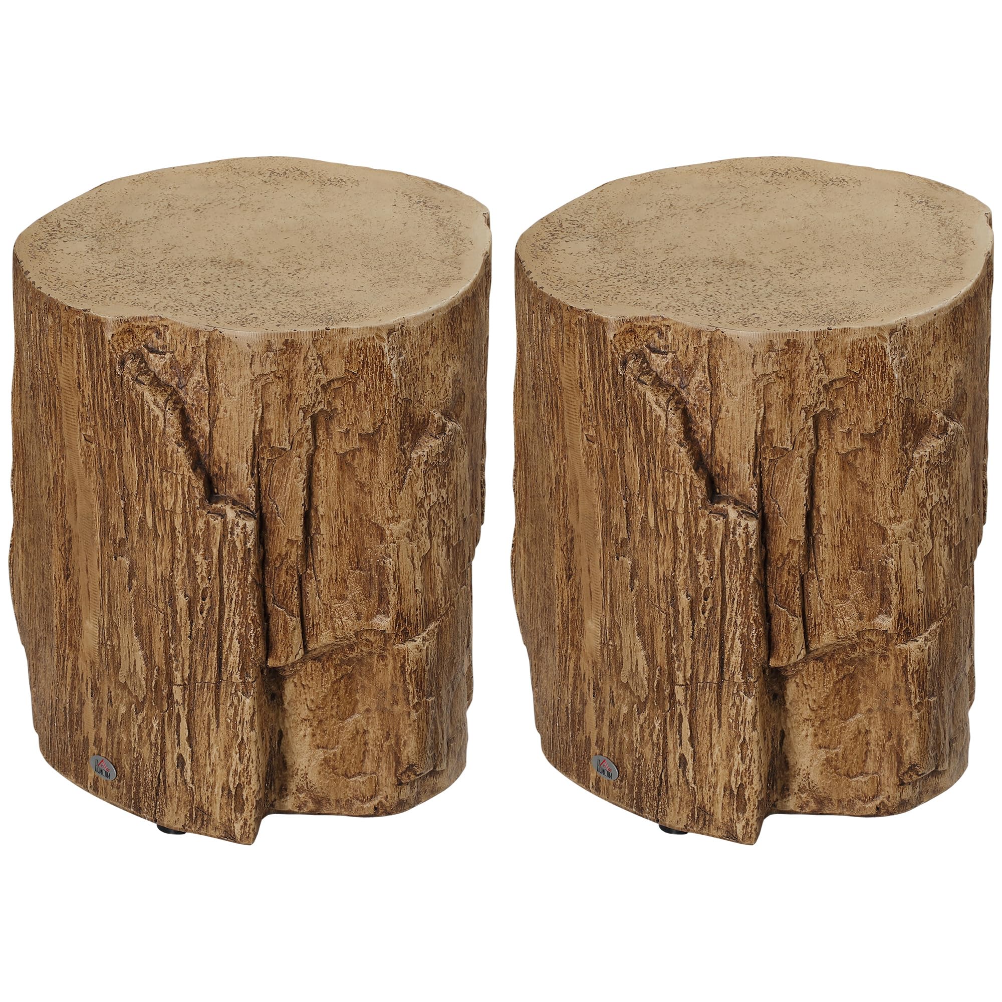 HOMCOM Tree Stump Stool, Decorative Side Table with Round Tabletop, Concrete End Table with Wood Grain Finish, for Indoors and Outdoors, Set of 2,