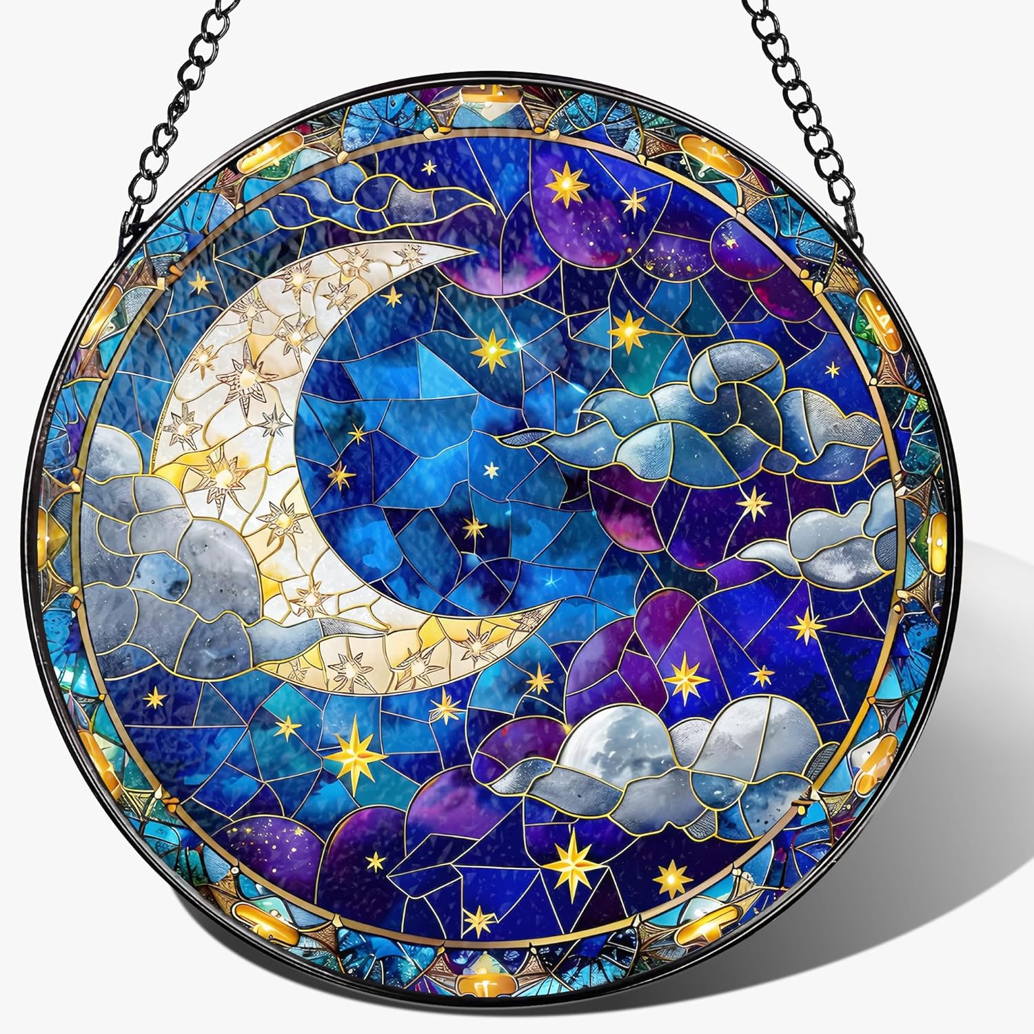 8-Inch Moon and Star Stained Glass Ornament, Stained Glass Window Hanging, Window Hanging Decor Suncatcher, Night Sky Ornament | Holiday, Mother’s Day, Housewarming | Gifts for Friend & Family