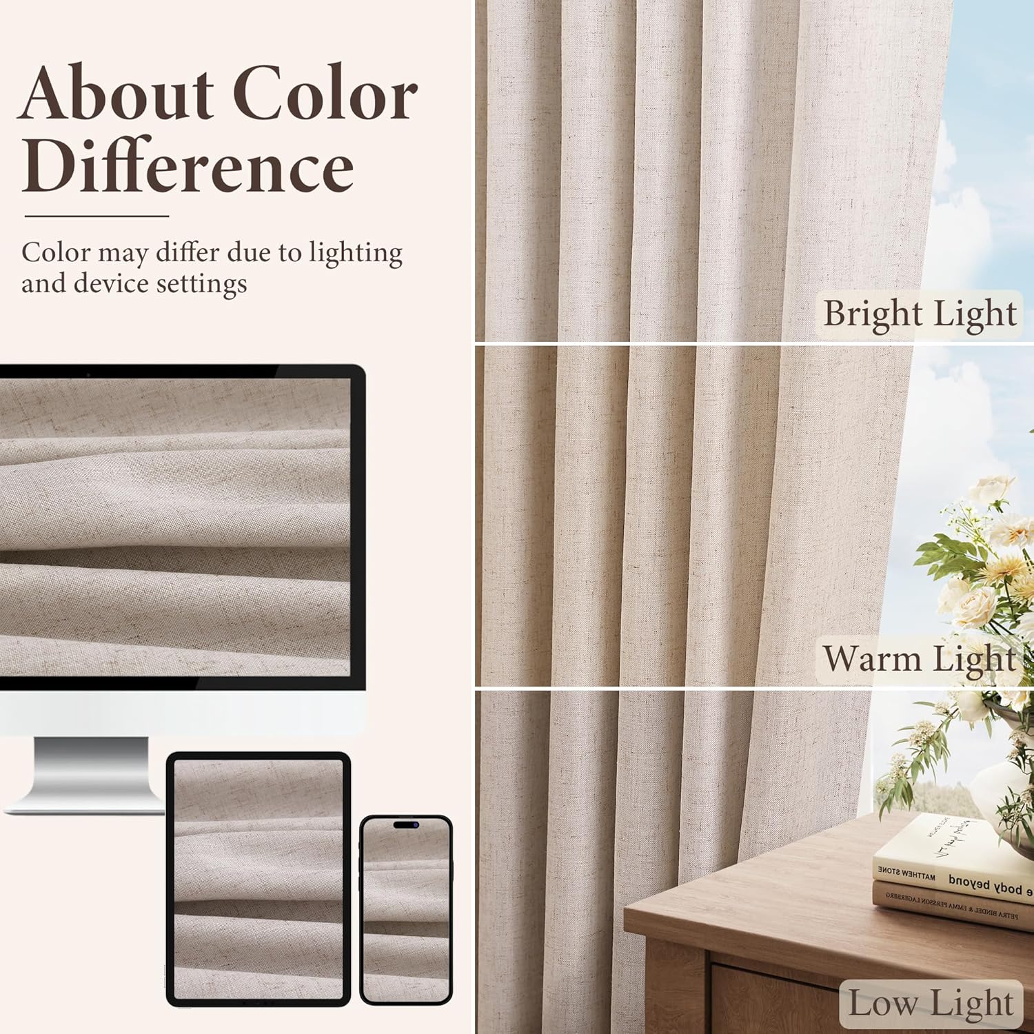 Joywell Oatmeal 100% Blackout Extra Long Curtains with Back Tab 17ft Linen Blended Room Darkening High Living Room Drapes 204 inch for High Ceiling or Long Window 1 Panel, 52x204 Inch