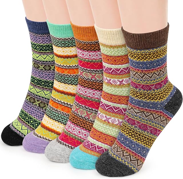 Airabc Thermal Winter Women Socks 5 Pairs Wool Warm Knitting Ladies Socks Vintage Style Soft Cotton Thick Woman Bed Sock Multicoloured for Home Office School Hiking, Ideal Christmas Gifts for Women