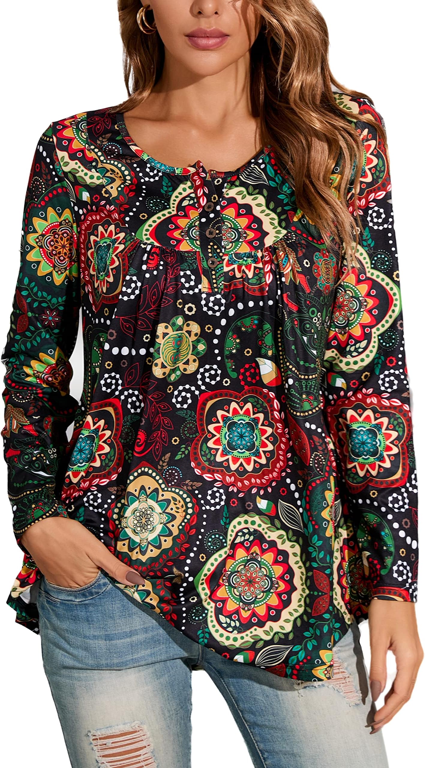 EnmainWomen's Tunic Tops Casual Long Sleeve Blouse Tunic Top for Ladies Round Neck Longline Blouses Shirts Plus Size Swing Tunic Button Up