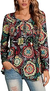 Enmain Women\'s Tunic Tops Casual Long Sleeve Blouse Tunic Top for Ladies Round Neck Longline Blouses Shirts Plus Size Swing Tunic Button Up