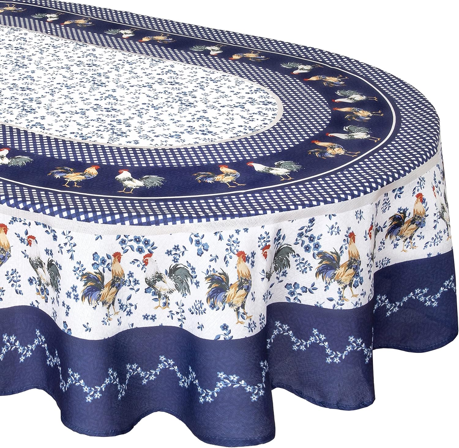 Home Bargains Plus Oval Fabric Tablecloth, 60 x 84 Inch, Blue Provence Rooster, Wrinkle, Water and Stain Resistant Country Provence Table Cloth, Farm