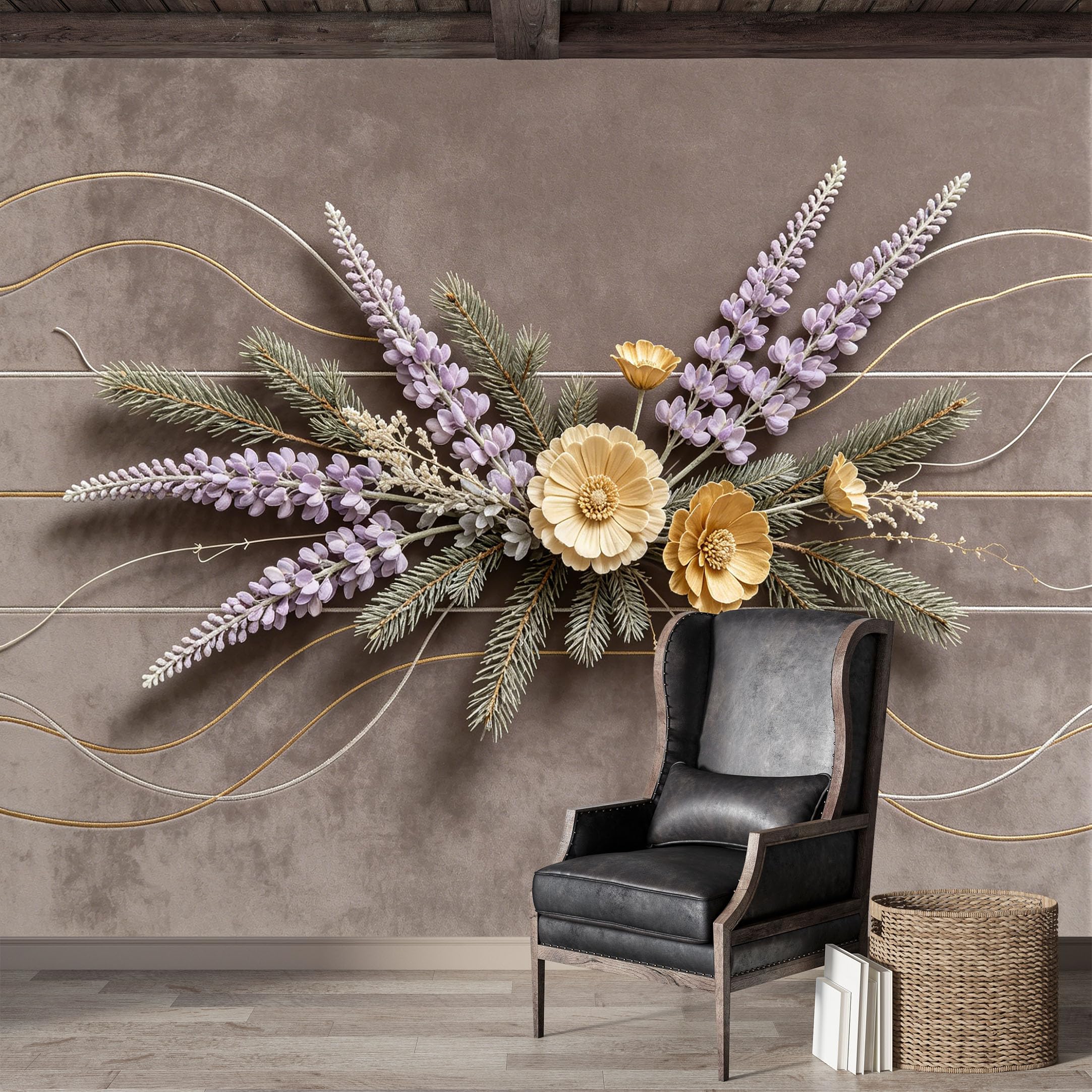 Custom Size Wall Mural,Lavender Flower Pine Branch Botanical Floral Premium Water Activated SelfAdhesive Wallpaper,Removable Wall Covering,Easy DIY Install Wall Art for Indoor Home Decor