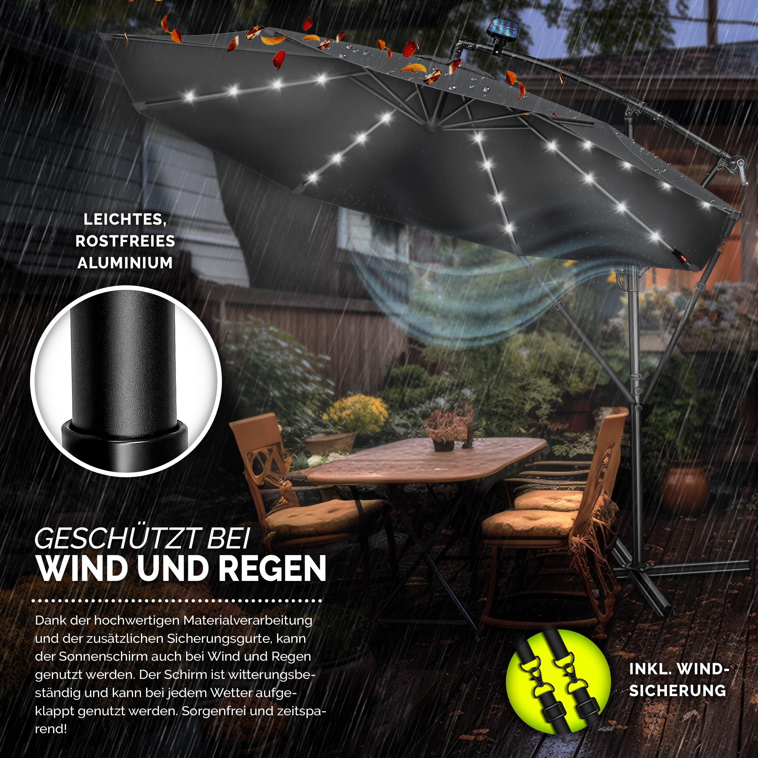tillvex Alu Ampelschirm + Abdeckung LED Solar Ø 300 cm mit Kurbel, Abdeckung + Ständer | Sonnenschirm mit Windschutz | Gartenschirm UV-Schutz Aluminium | Kurbelschirm Marktschirm wasserdicht