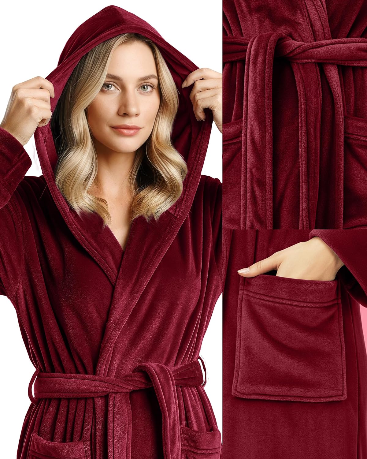 NY Threads Women's Fleece Hooded Bathrobe Plush Long Spa Robe, Medium - Image 2
