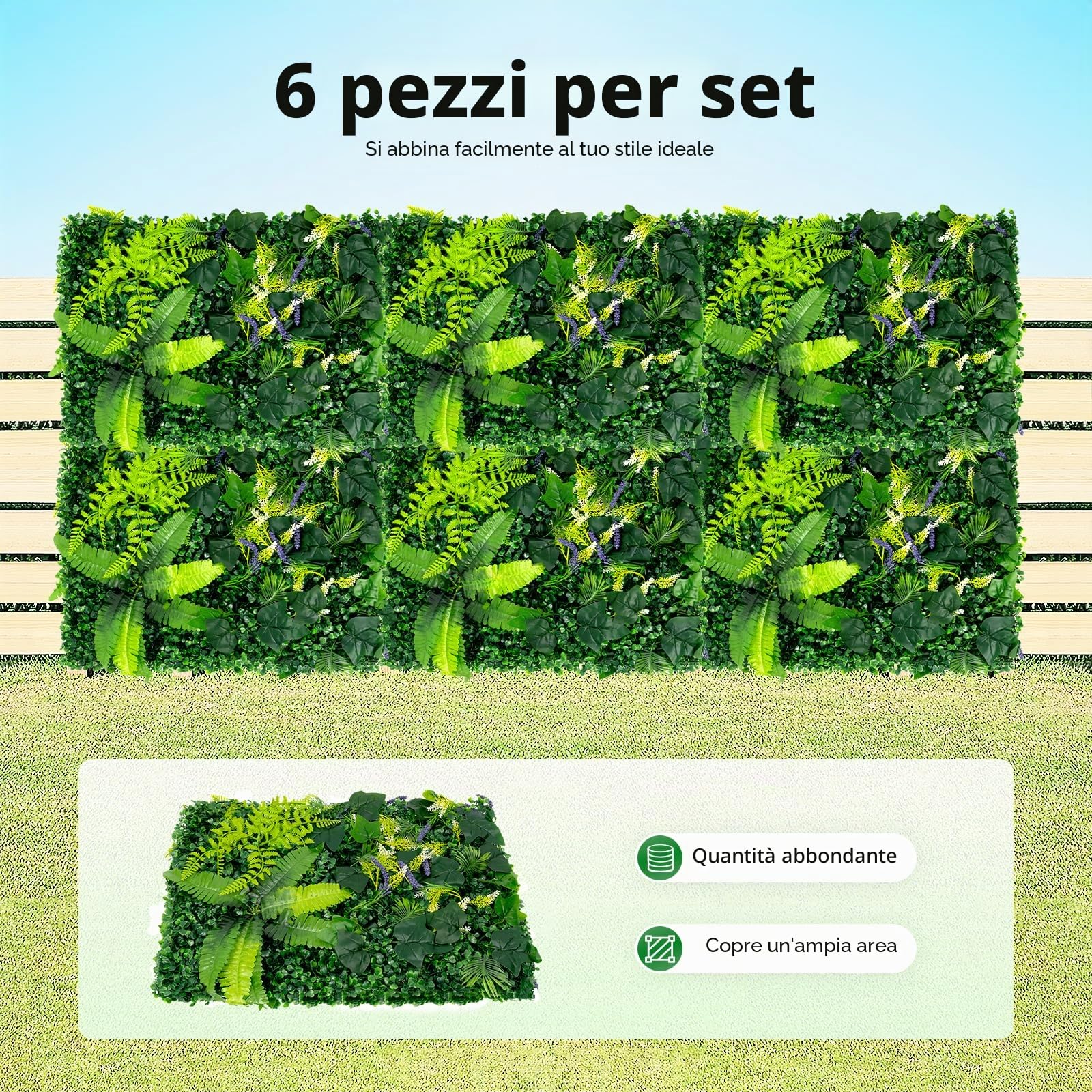 Parete vegetale artificiale, 6 pannelli, siepe artificiale, pianta sintetica, 60 x 40 cm, decorazione vegetale da parete, giardino, balcone, terrazza soggiorno, fogliame impermeabile, 3D