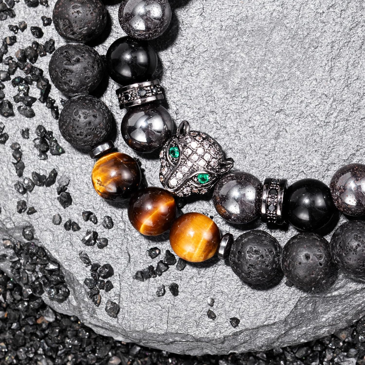 Hematite Bracelet for Men, Ideas gift for men unique, Black Series Design Natural Stone Beaded Bracelets, Mens Bracelet Set 8MM, Best Birthday/Christmas Gifts for men accessories, Emo Beads bracelet, Tiger Eye Stone Lava Rock Black Obsidian Link Bracelet - Image 6