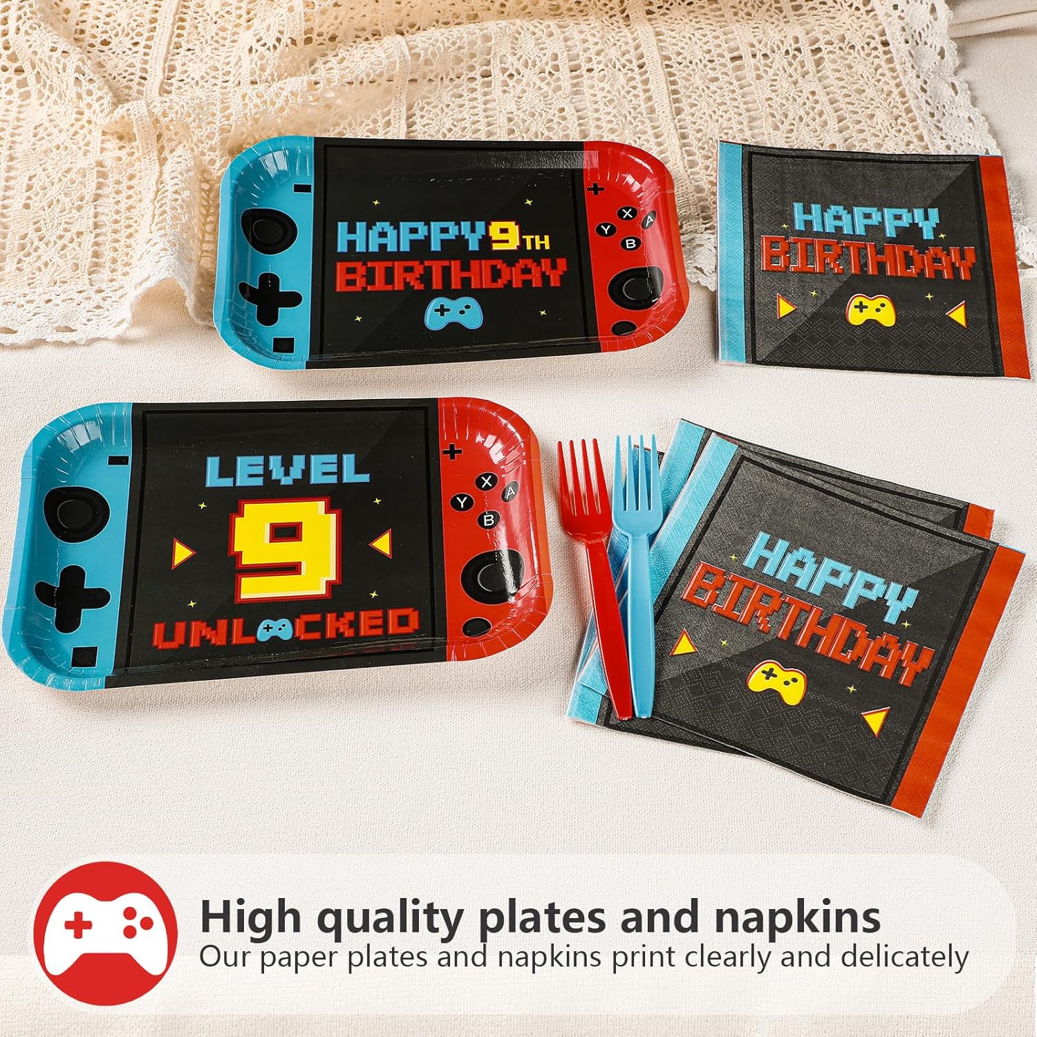 96Pcs Video Game 9th Birthday Decorations Level 9 Birthday Party Plates and Napkins Level Up Disposable Tableware for 9 Years Old Boy Gaming Birthdays Decorations