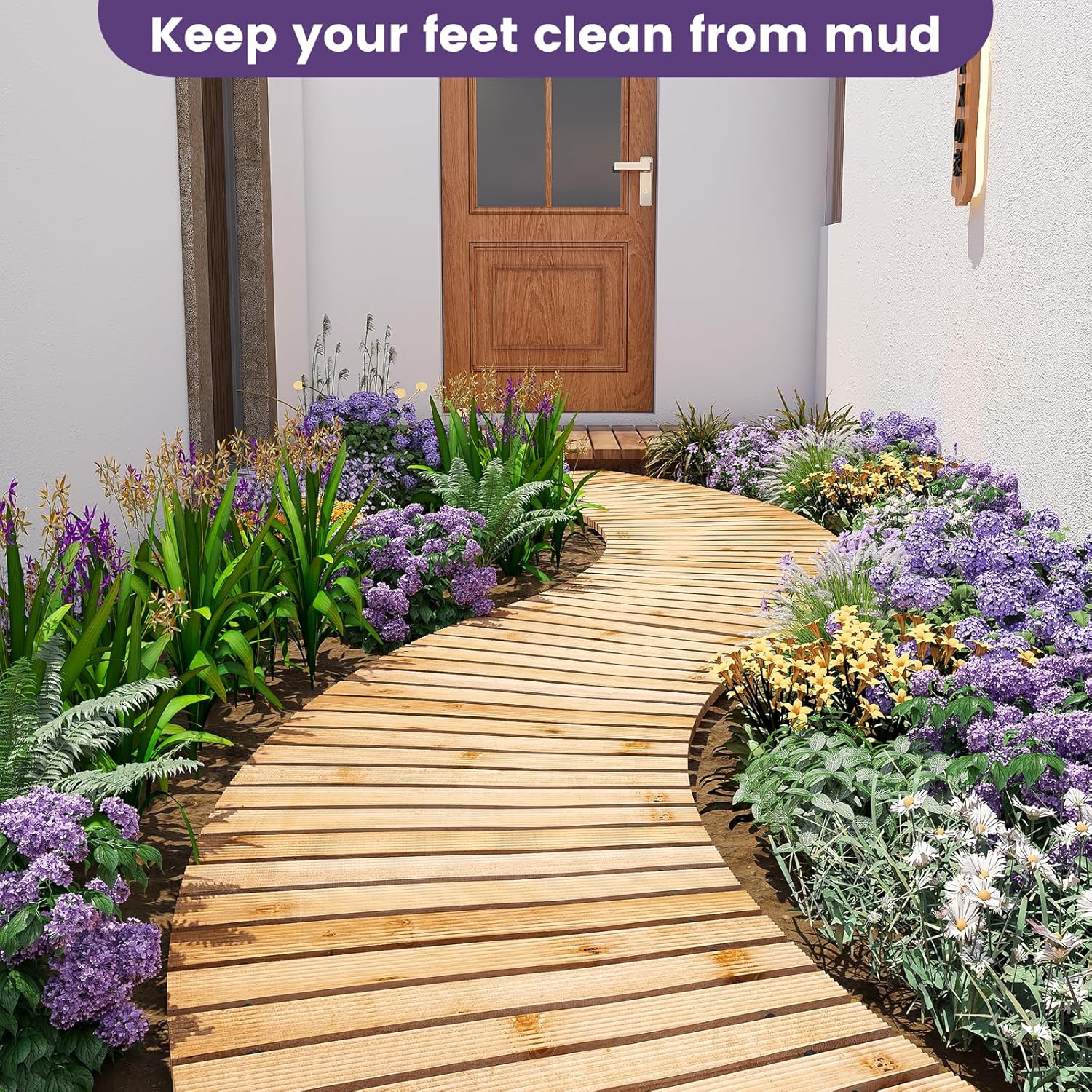 Wooden Garden Pathway with Rubber-Coated Connections,Outdoor Roll Out Curved Walkway, Weather-Resistant & Non-Slip Patio Path for Garden, Backyard, Beach, Wedding Party (Natural, 6FT)