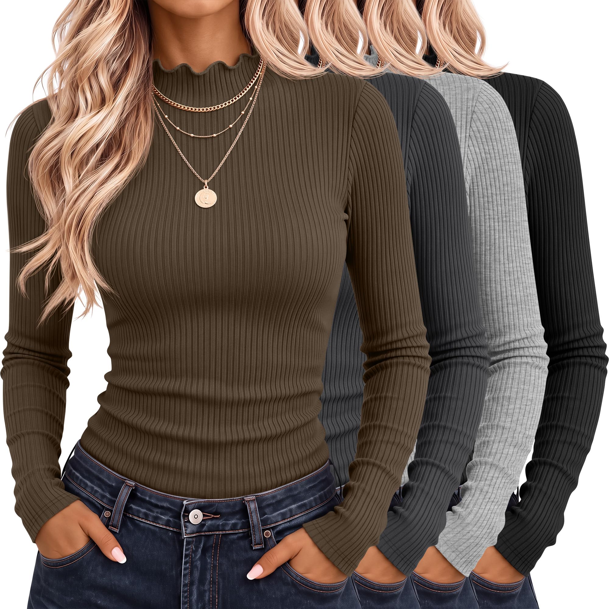 Riyiper 4 Pack Womens Cotton Mockneck Ribbed Long Sleeve Tops