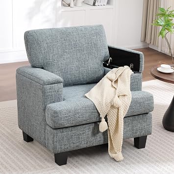 Accent Chair with Armrest Storage, Modern Upholstered Reading Living Room Chairs, Comfy Large Armchair, Fabric Single Sofa Chair for Bedroom Bluish Grey
