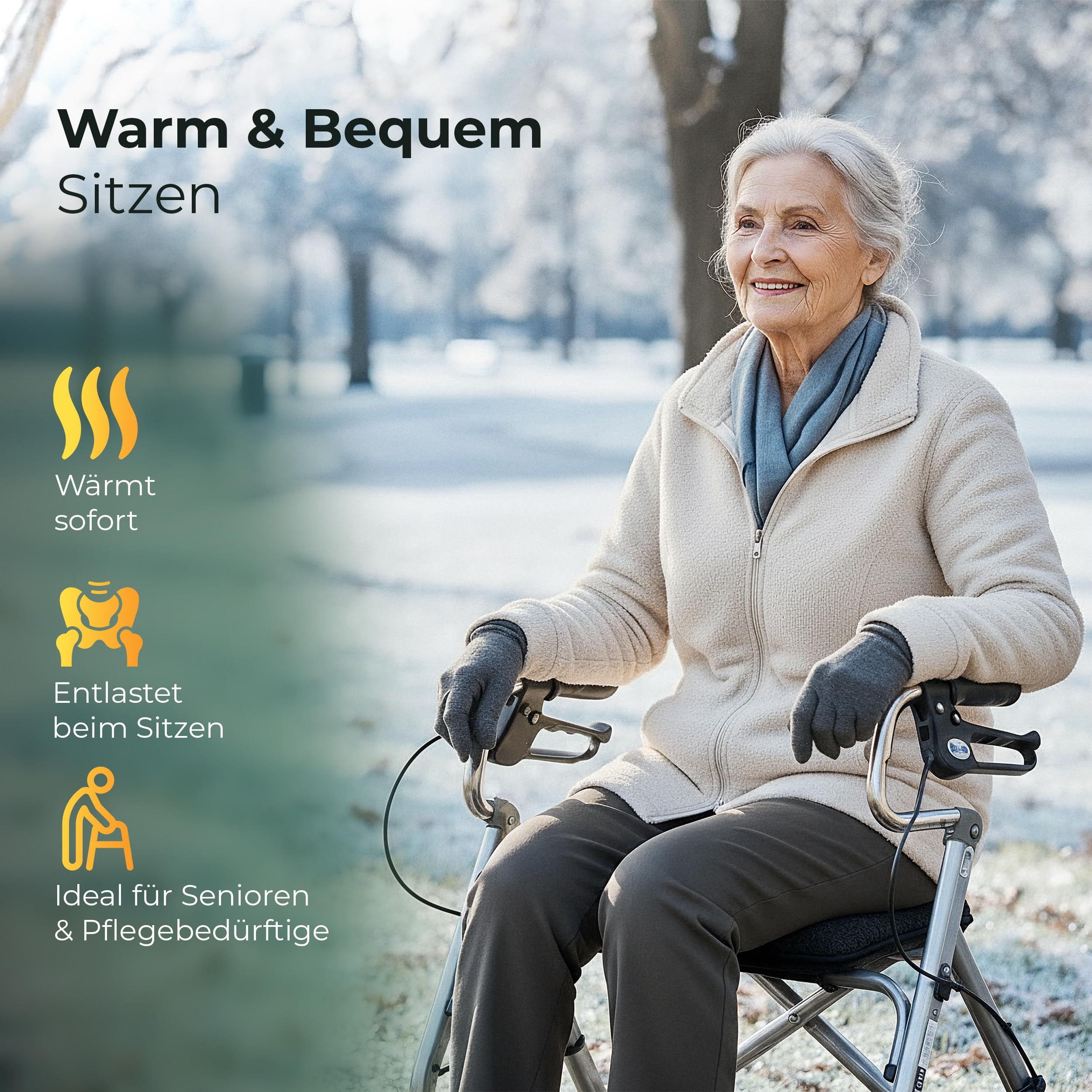 Novaliv Rollatorkissen Anthrazit 100% Schurwolle warm & atmungsaktiv 3 cm Polster 40×20 cm Fixierbänder gegen Verrutschen Uni-Design robust Handwäsche Rollator Zubehör