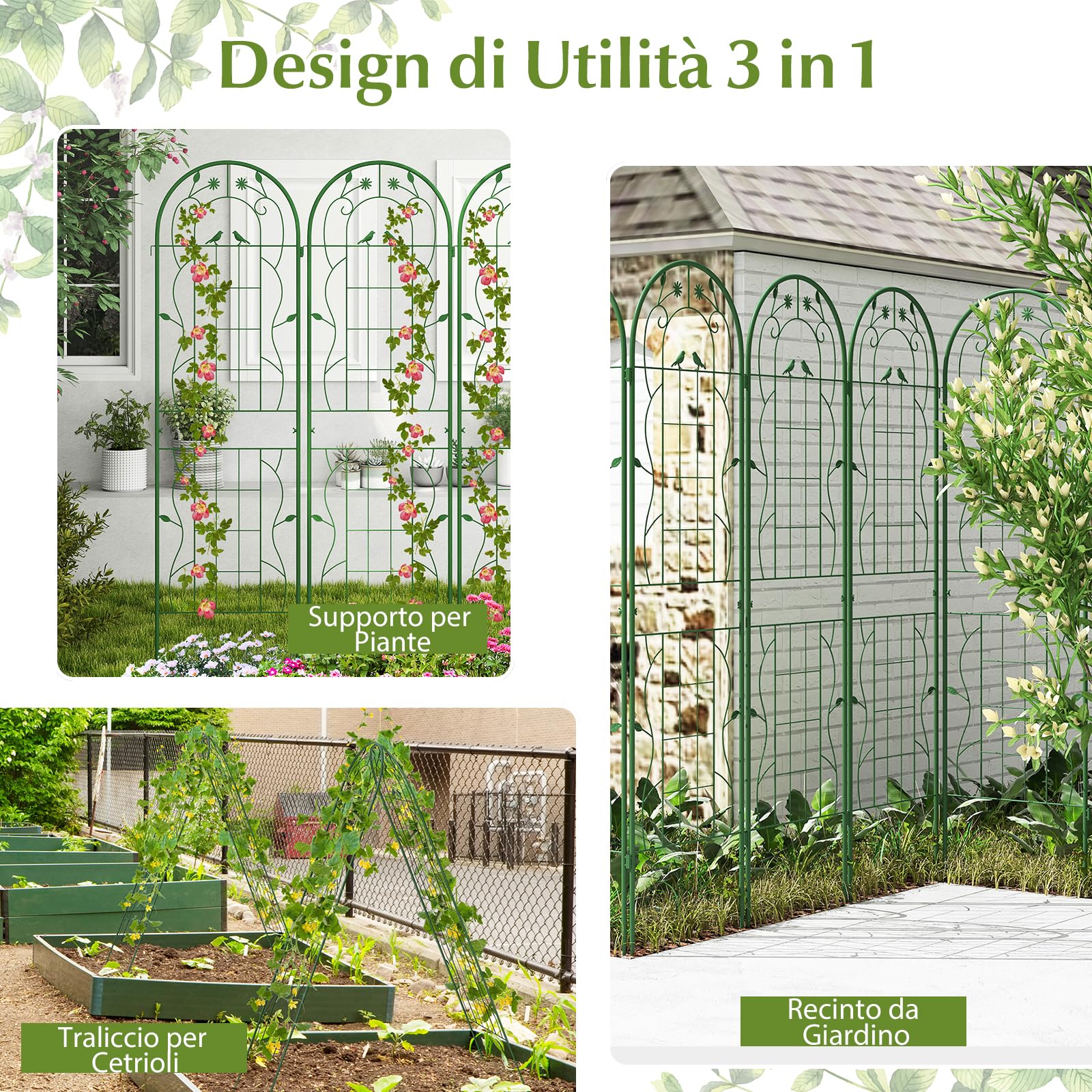COSTWAY Traliccio da Giardino in Metallo 180 x 50 CM, 4 Pannello di Recinzione Antiruggine per Piante Rampicanti, Rose e Verdure, Decorazione Esterna per Giardino, Cortile, Patio (Verde)