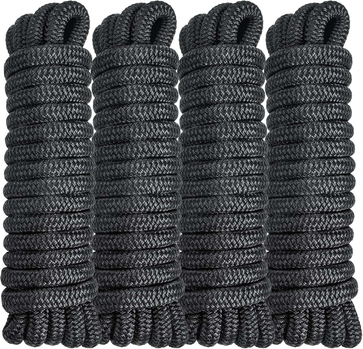 4 Pack 5/8" x 20’' Boat Dock Lines for Boat & Pontoon, Premium Marine- Grade Double Braided Nylon Dock Line, Pre-Spliced with a 15" Eyelet-Black,Boating Gifts for Men
