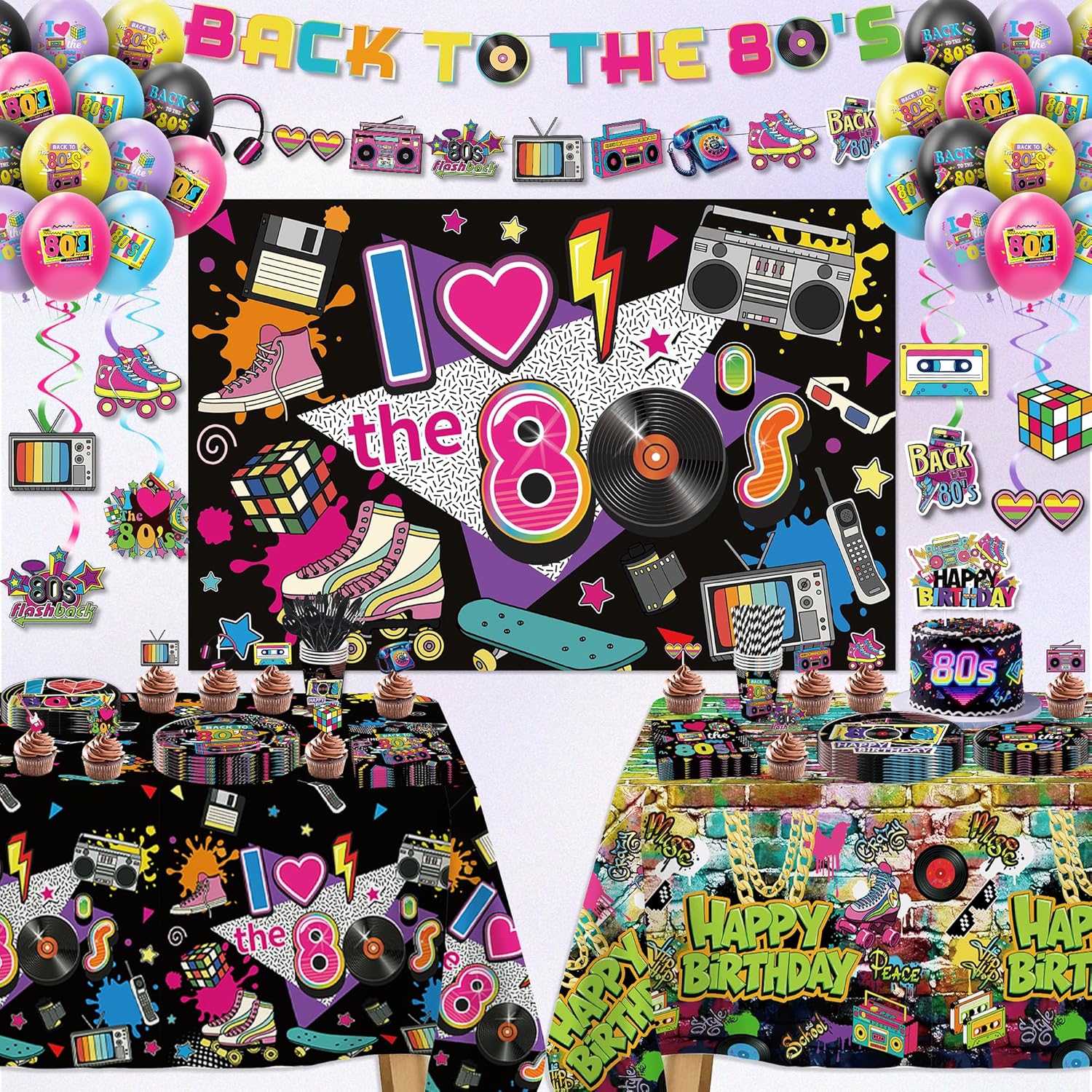 80's Party Decorations, Retro 1980s Hip Hop Theme Back to the 80's Birthday Party Supplies, Paper Plate, Napkin, Cup, Banner, Tablecloth, Backdrop, Swirl, Balloon, Topper, Cutlery, Serves 24