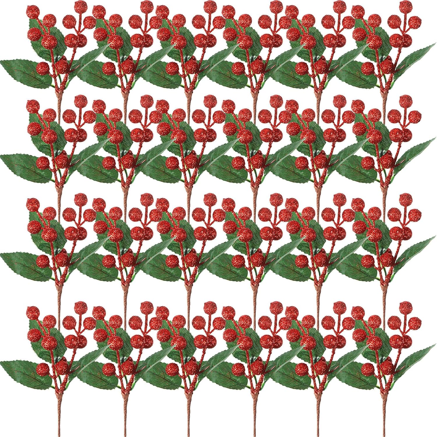 WILLBOND 24 Pieces Artificial Christmas Berry Picking Berry Branches Holly Leaves Picking Fake Berries Christmas Crafts Party Holiday Decoration (Glitter Red)