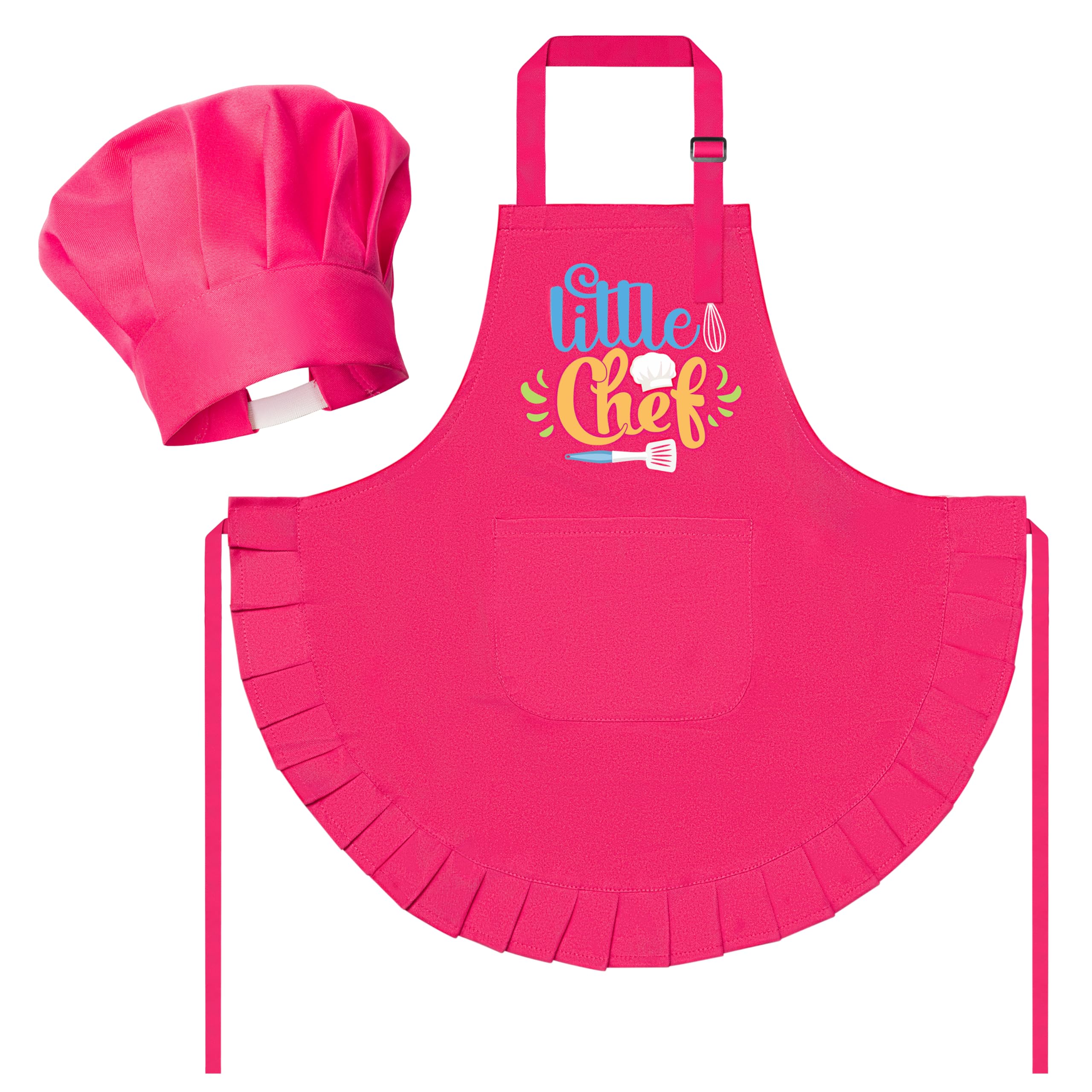 R HORSEKid Apron and Chef Hat Set - 2Pcs Adjustable Children Rose Red Kitchen Apron, Dress up Role Play Chef Toy Cooking Baking Painting and Training Kits Kid Funny Cooking Birthday Gift for Girls