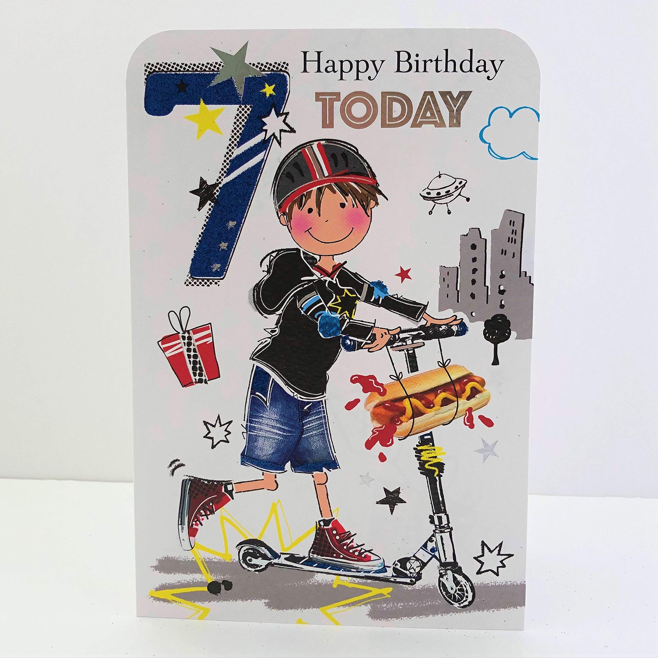 Jonny JavelinBoy Age 7 Happy Birthday Card - Boy On Scooter