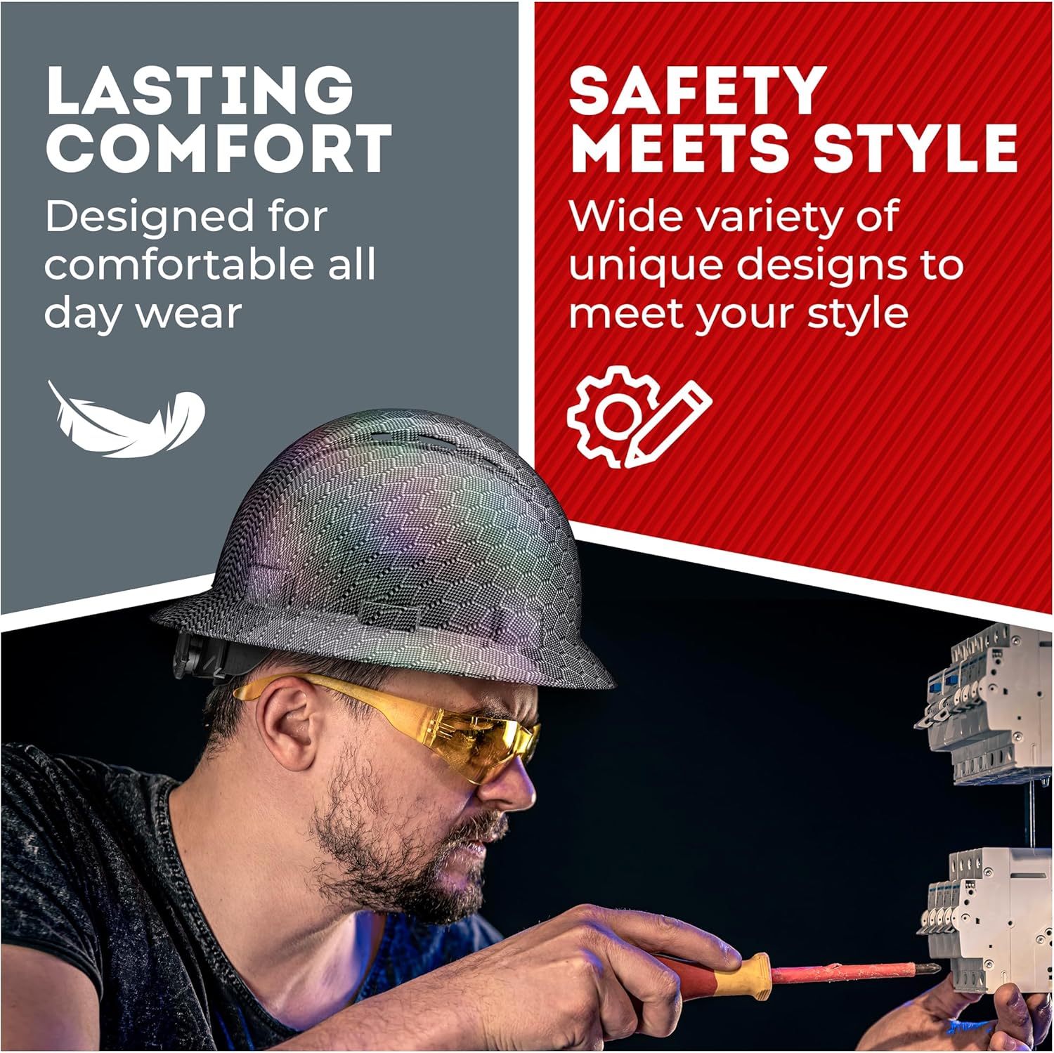 Acerpal Full Brim Hard Hat Vented, Class C, OSHA Construction Work Approved, Premium Carbon Fiber Design, Soft Padded 6 PT Adjustable Ratchet Suspension, Top Pad