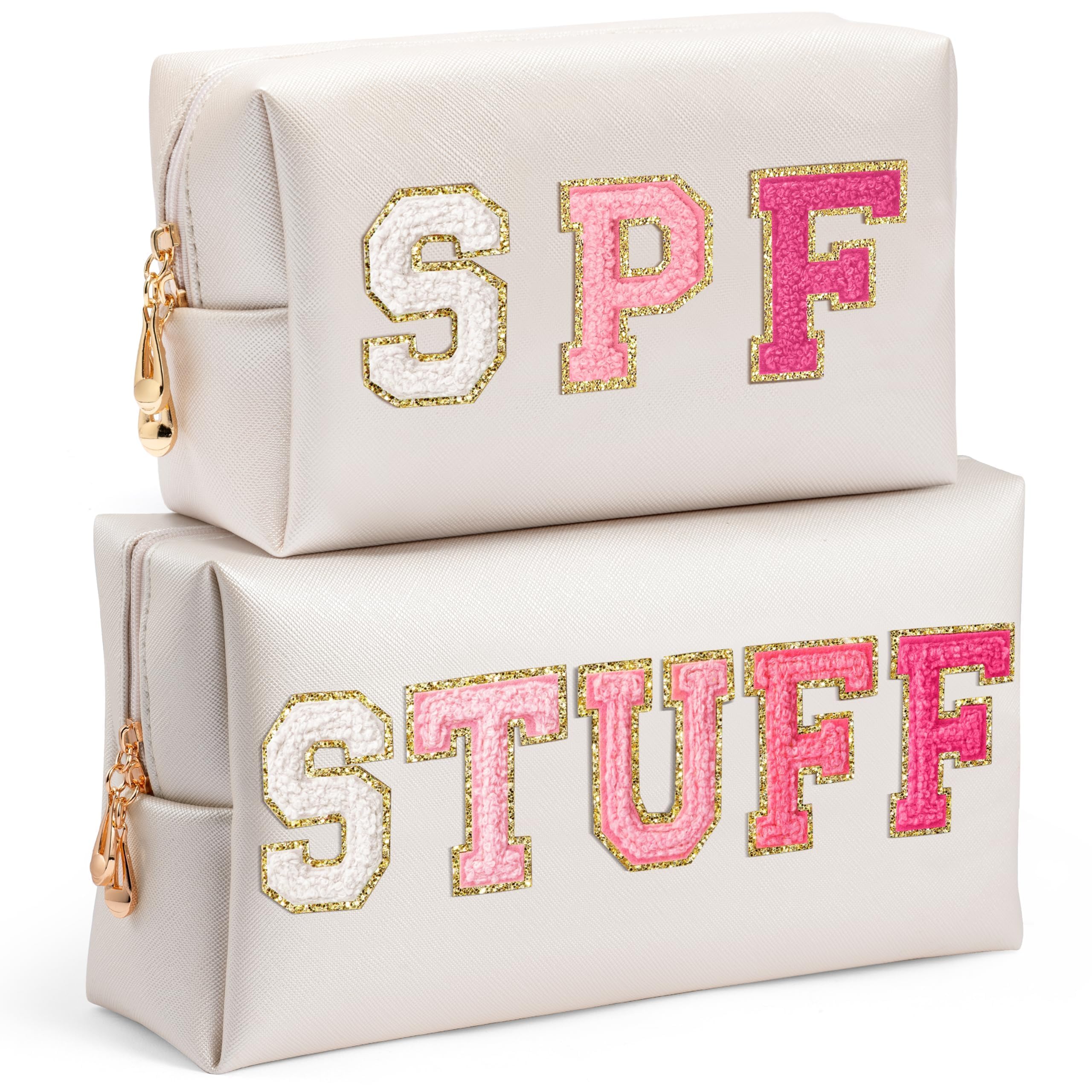 AsodSway Preppy Patch Cosmetic Bags - Summer Gift 2P Rose Red STUFF SPF Chenille Letter Makeup Bag, PU leather Travel Toiletry Bag Portable Waterproof