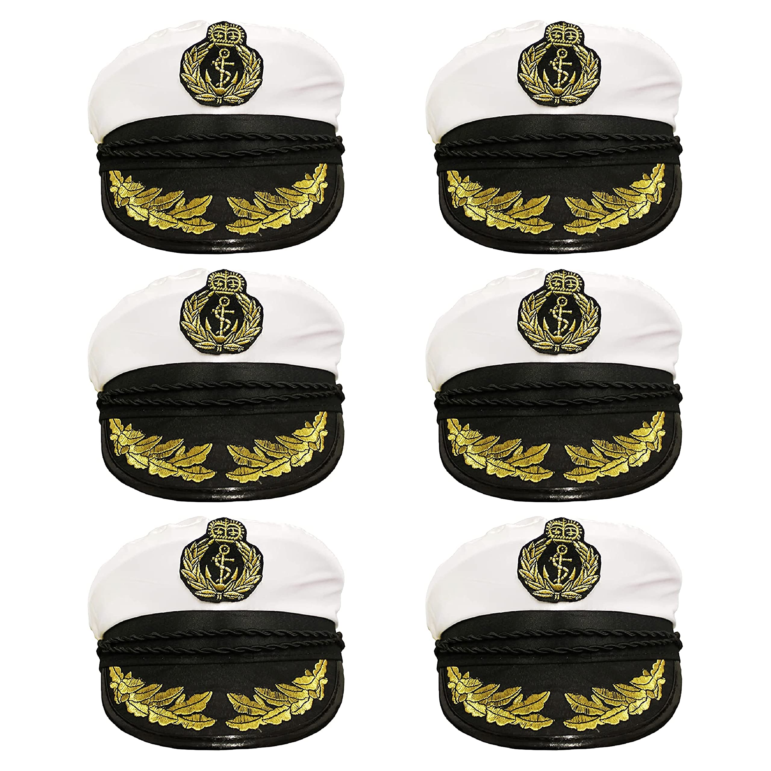 Adults Sailor Hat Fancy Dress Costume Accessory - Satin Captains/Naval Officer Hat with Motif and Gold Brim Detail - Pack Of 6