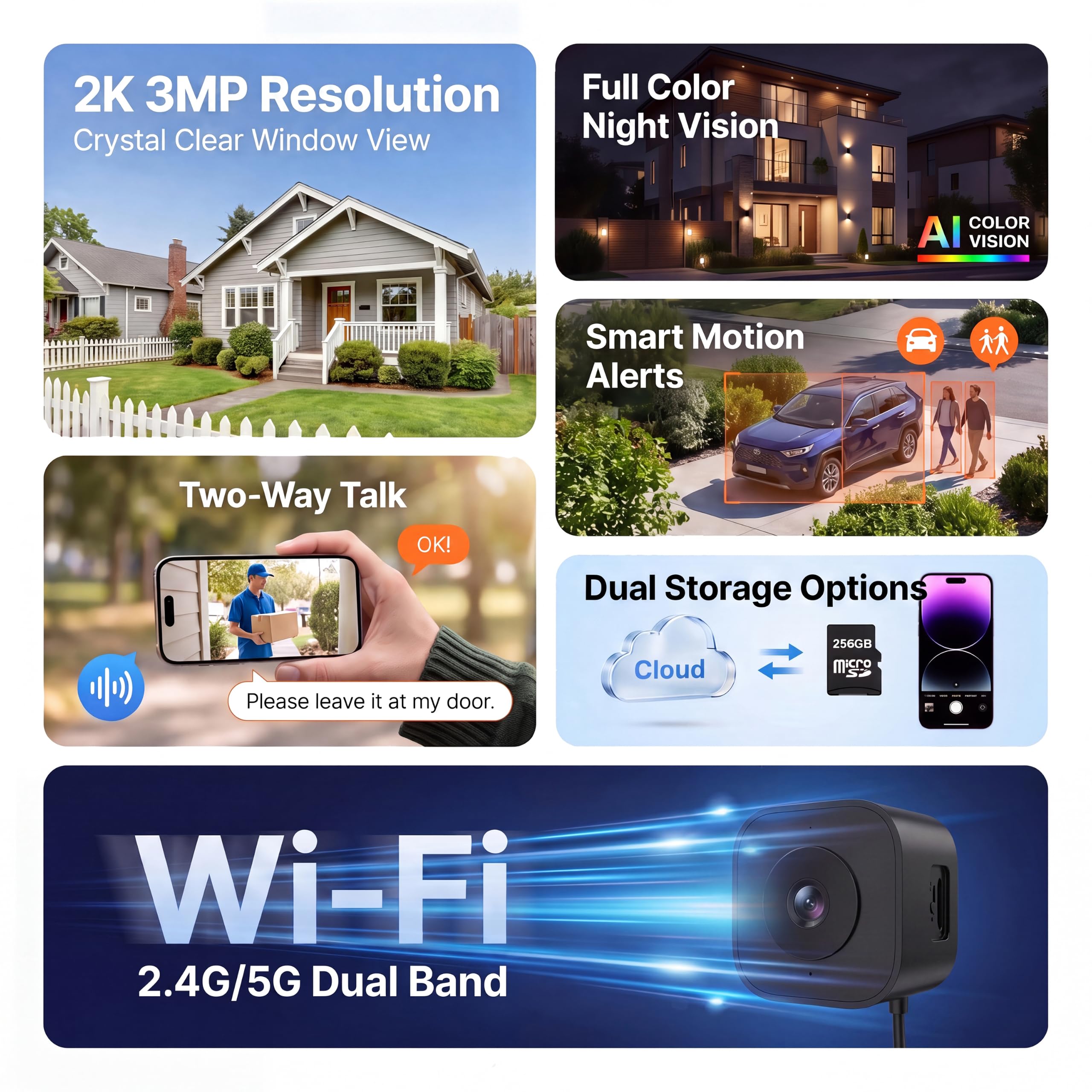 Cámara de ventana de 3 MP 2K, 2.4 GHz y 5 GHz WiFi6 cámara de seguridad para el hogar, cámara interior sin taladro para monitoreo al aire libre a través de vidrio, visión nocturna a todo color