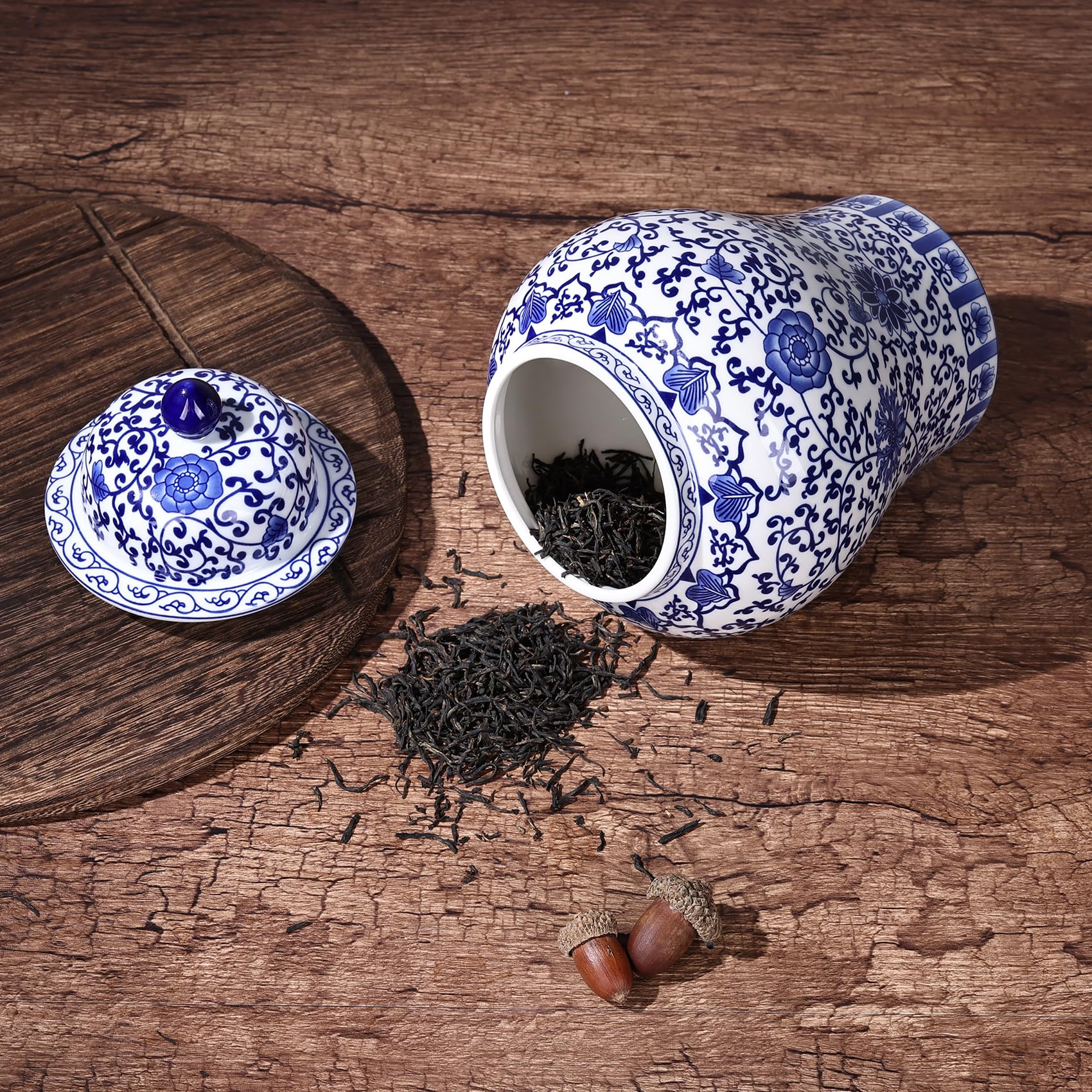 Chinoiserie - Barattolo di zenzero in porcellana blu e bianca, vaso in ceramica fatto a mano per decorazione della casa, barattolo decorativo in stile classico cinese (loto)