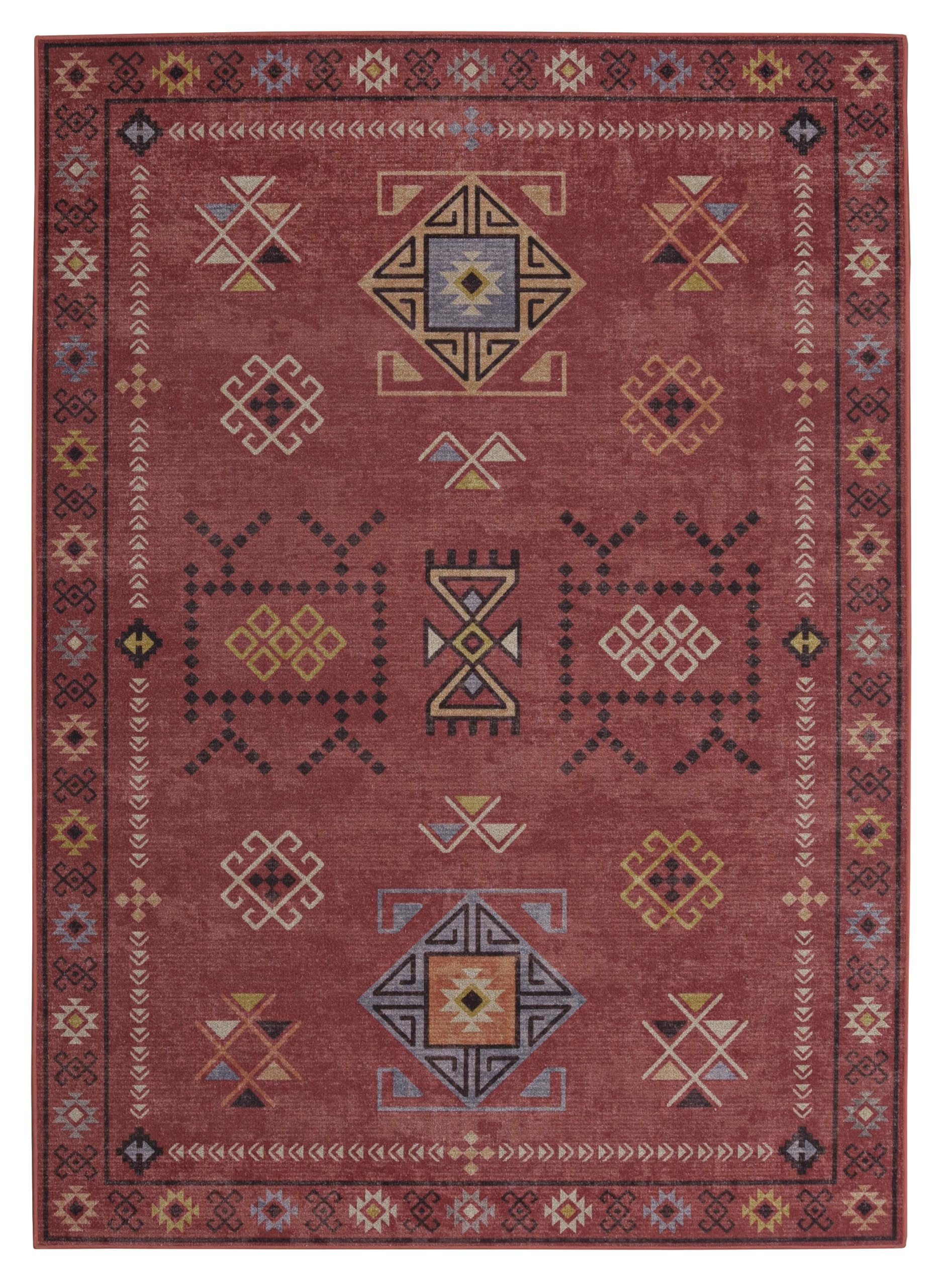 Tapis lavable en machine Linon Leighann Barden en coton robuste style élégant rouge et crème