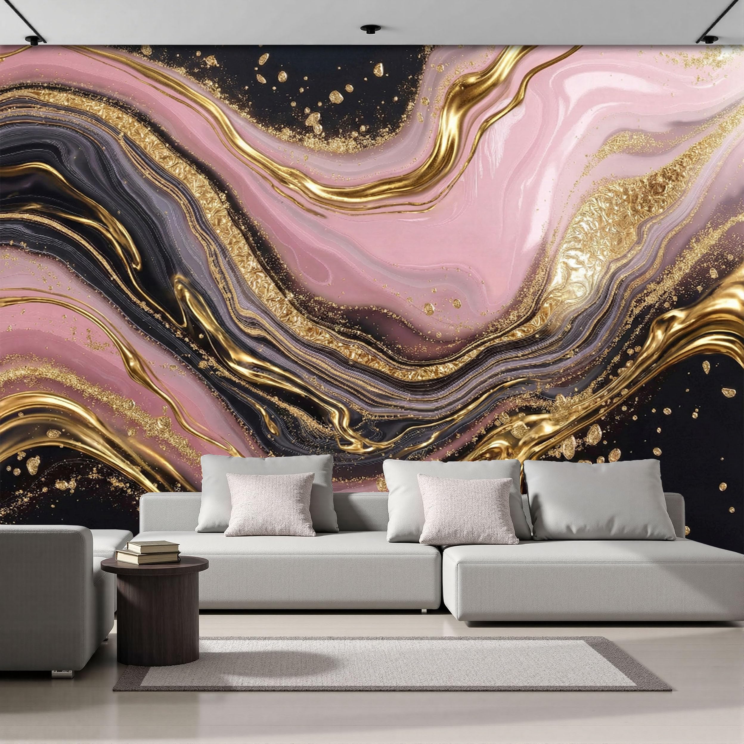Papier peint panoramique marbre de luxe et vagues géométriques modernes