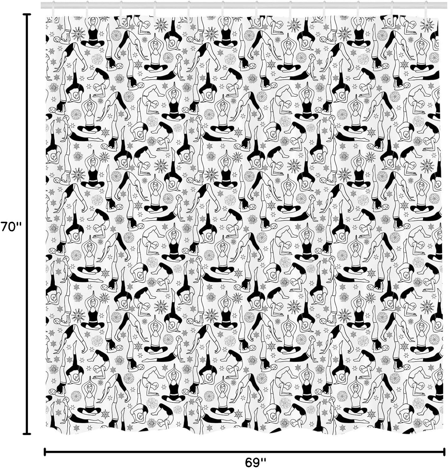 Ambesonne Yoga Shower Curtain, Monochrome Poses from Eastern Meditation Technique East Stars Flowers Motifs, Cloth Fabric Bathroom Decor Set with Hooks, 69" W x 70" L, Black White